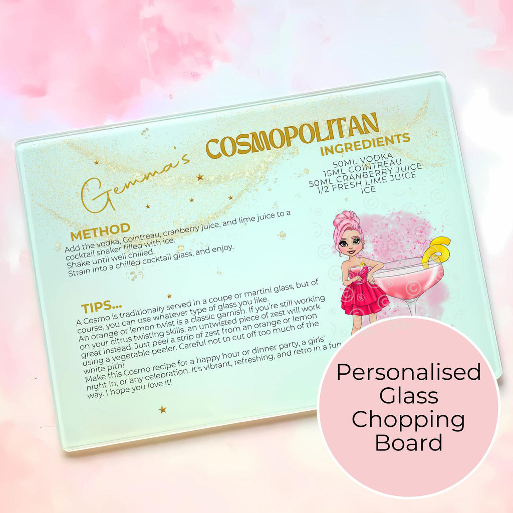 Personalised A4 Cosmopolitan Cocktail Cutting Board, Tempered Glass Chopping Board
