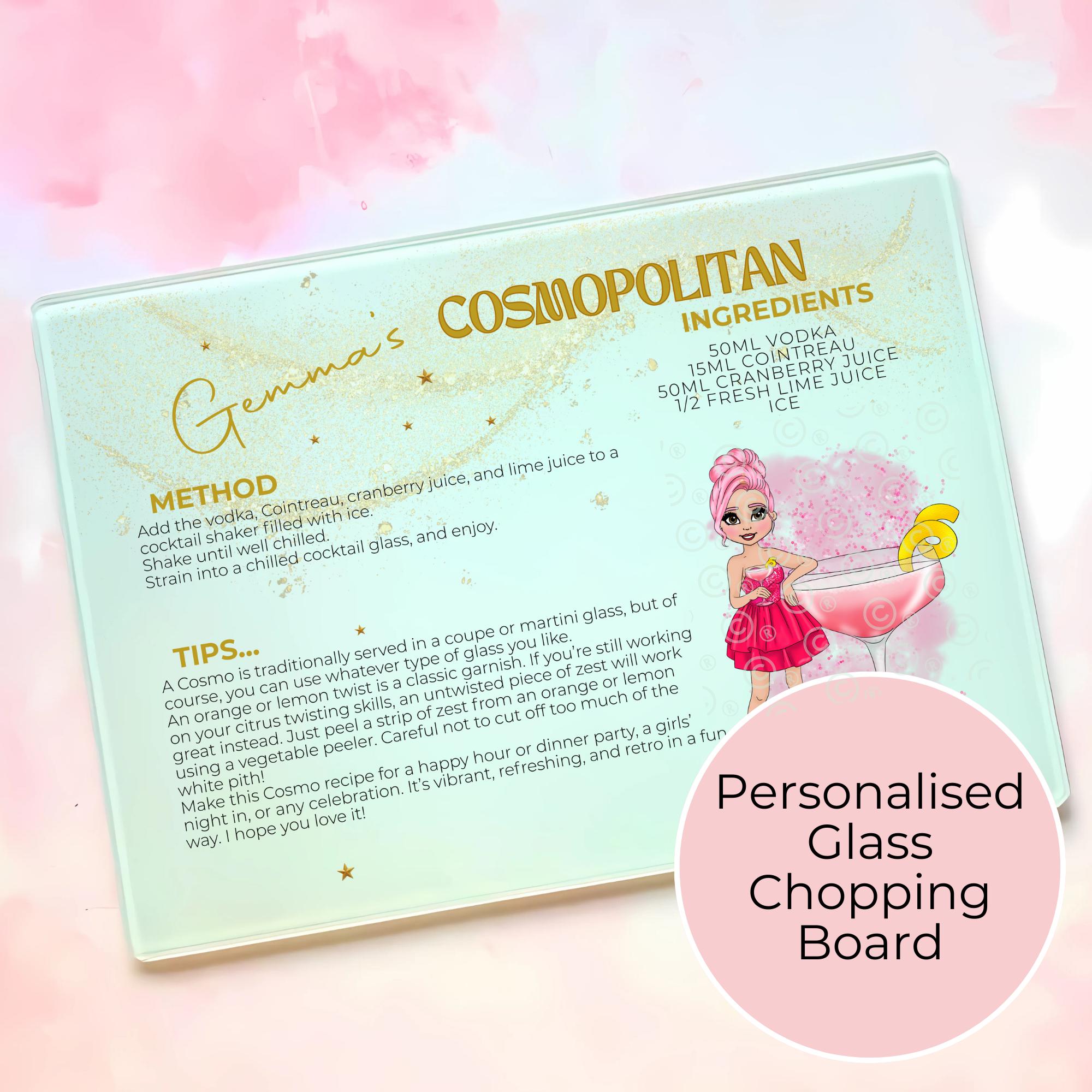 Personalised A4 Cosmopolitan Cocktail Cutting Board, Tempered Glass Chopping Board