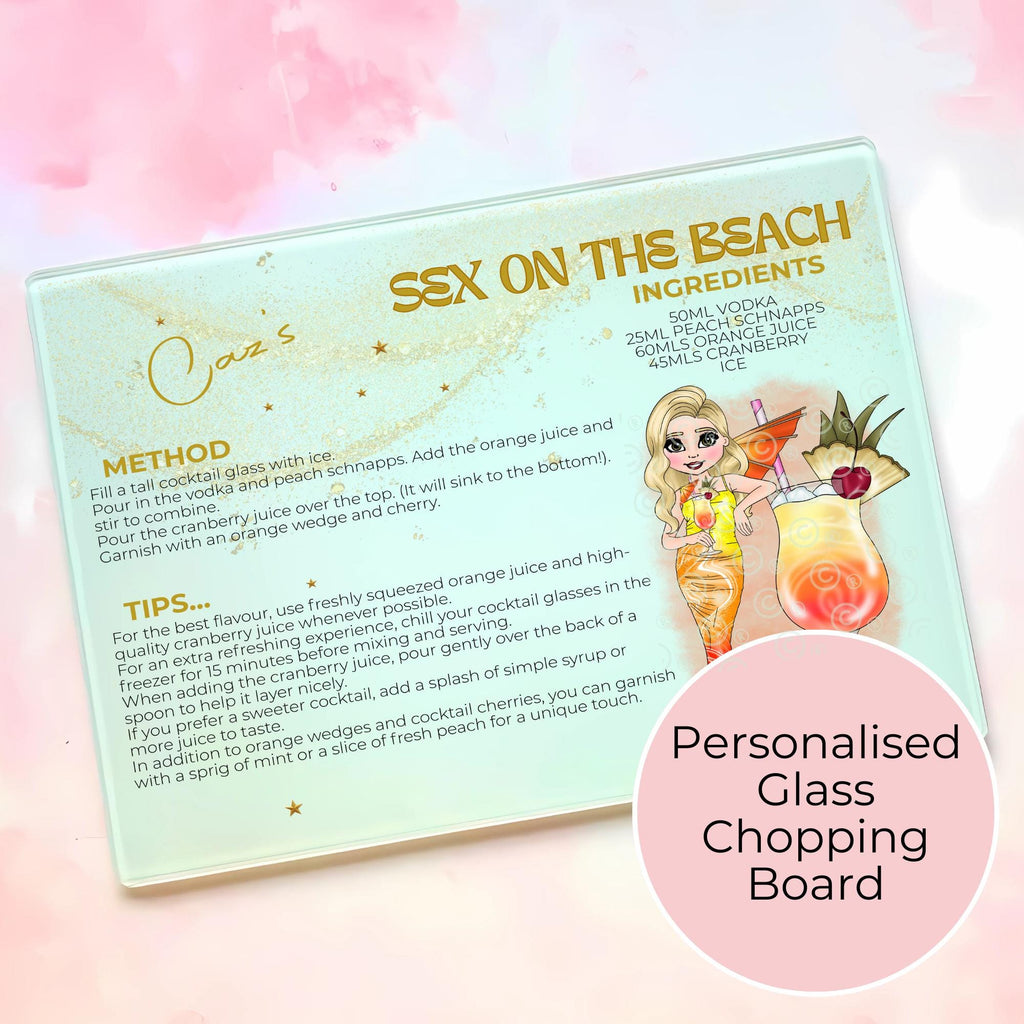 Personalised Sex on the Beach Cocktail Chopping Board, A4 Tempered Glass Worktop Saver