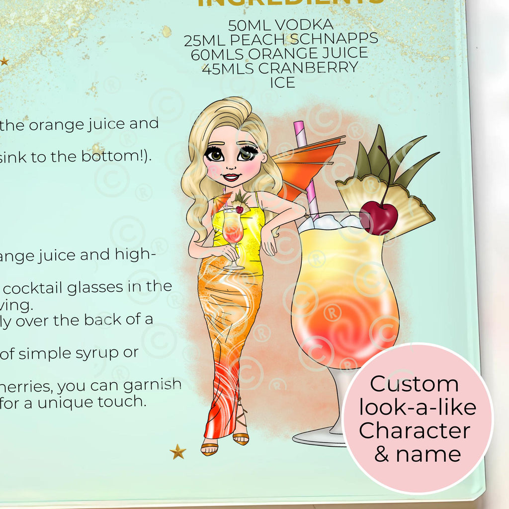 Personalised Sex on the Beach Cocktail Chopping Board, A4 Tempered Glass Worktop Saver