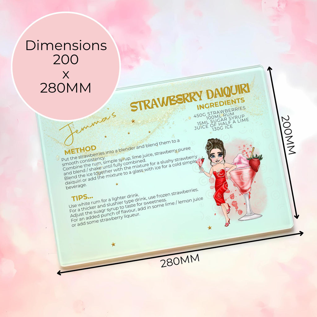 Personalised Strawberry Daiquiri Cocktail Chopping Board, A4 Tempered Glass Tiki Party Board