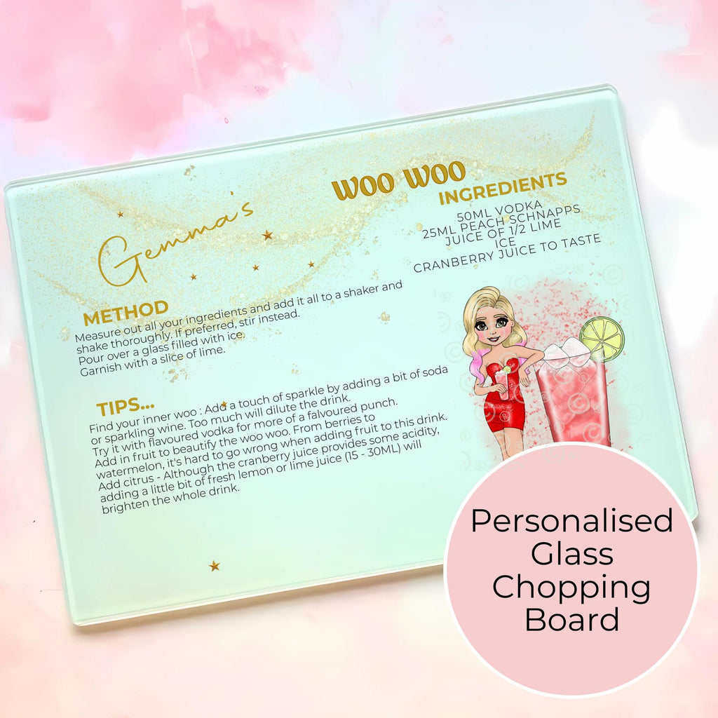 Personalised A4 Woo Woo Cocktail Cutting Board, Tempered Glass Chopping Board