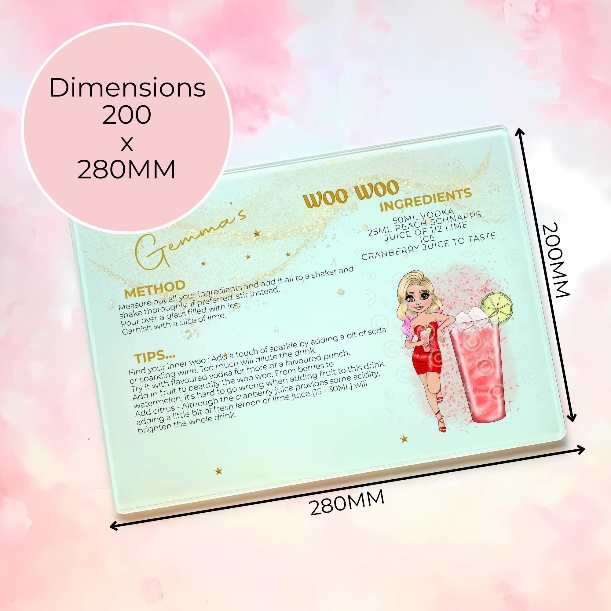 Personalised A4 Woo Woo Cocktail Cutting Board, Tempered Glass Chopping Board