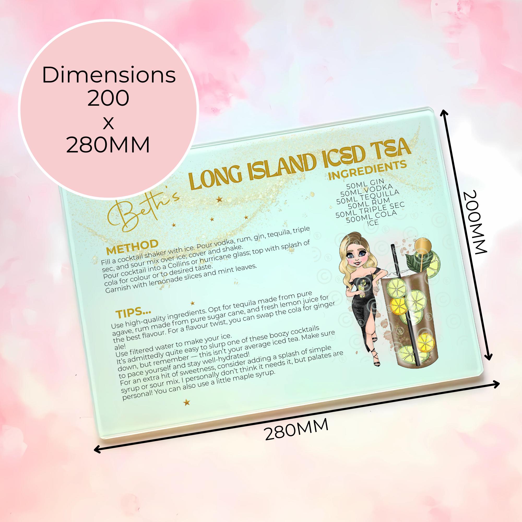 Personalised A4 Long Island Cocktail Cutting Board, Tempered Glass Chopping Board