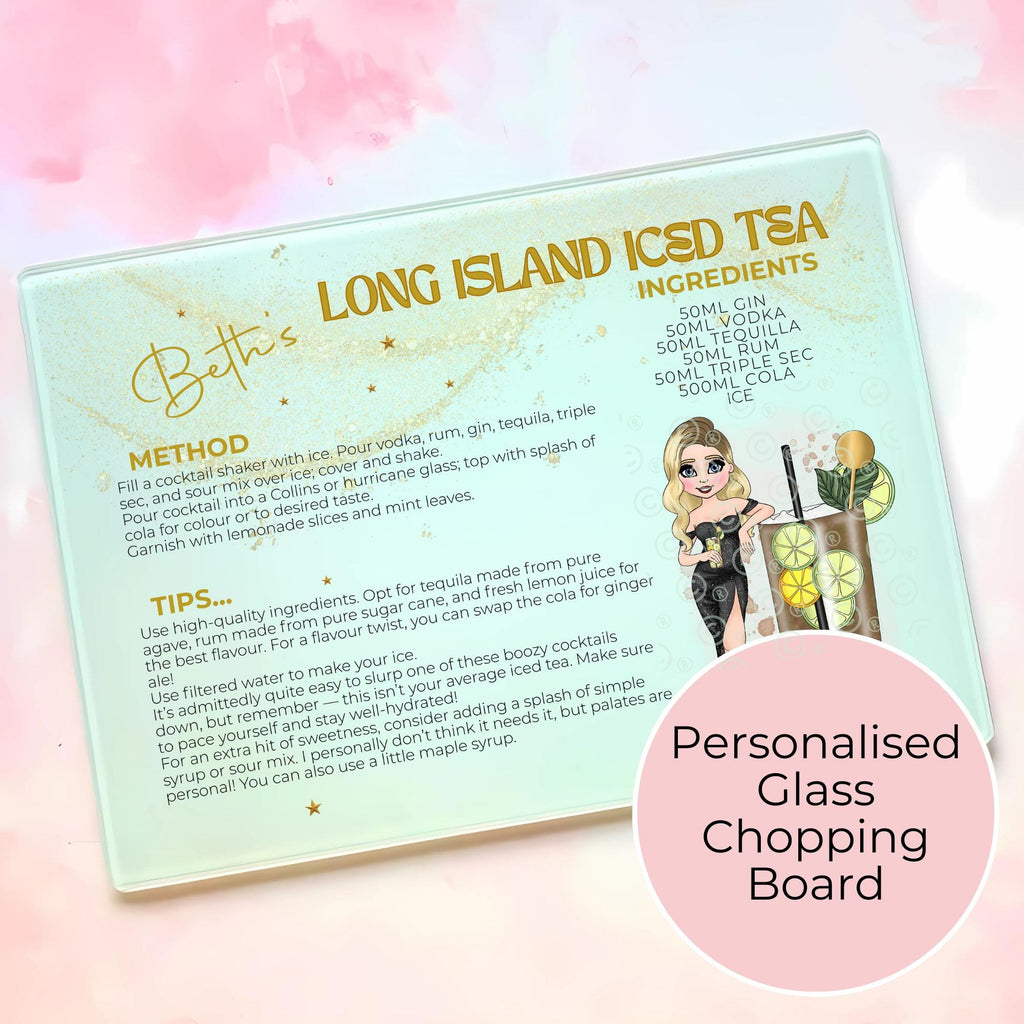 Personalised A4 Long Island Cocktail Cutting Board, Tempered Glass Chopping Board