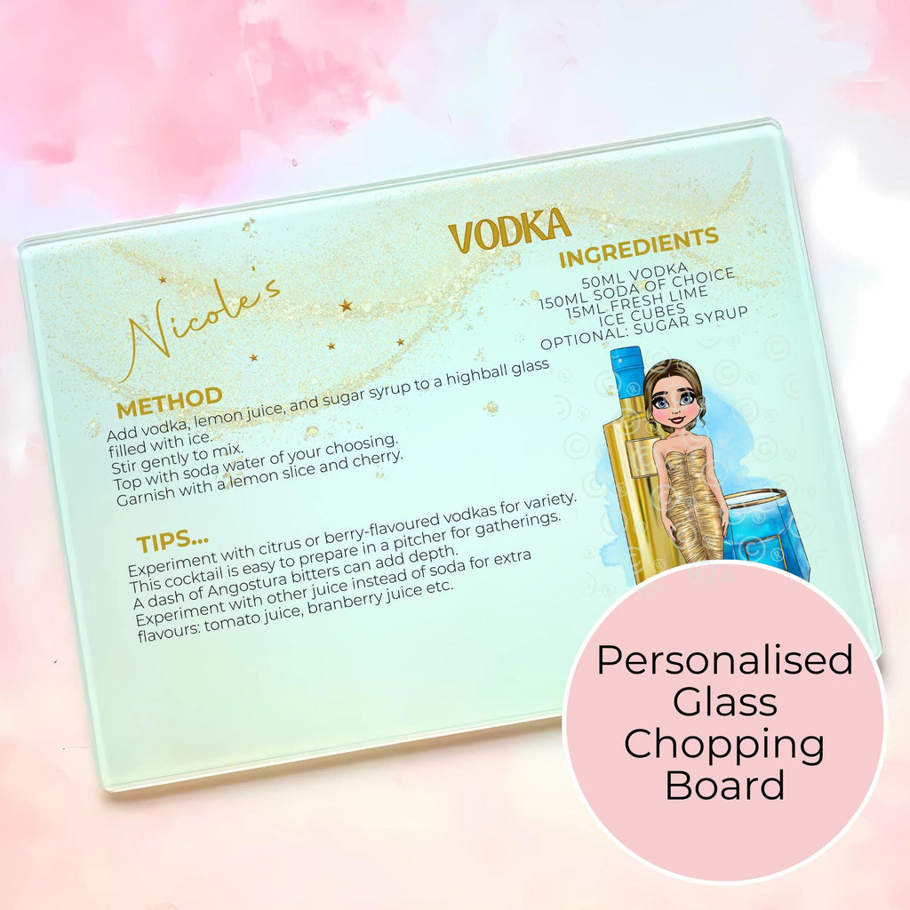 Personalised Vodka Girl Tempered Glass Cutting Board, A4 Cutting Board Housewarming Gift