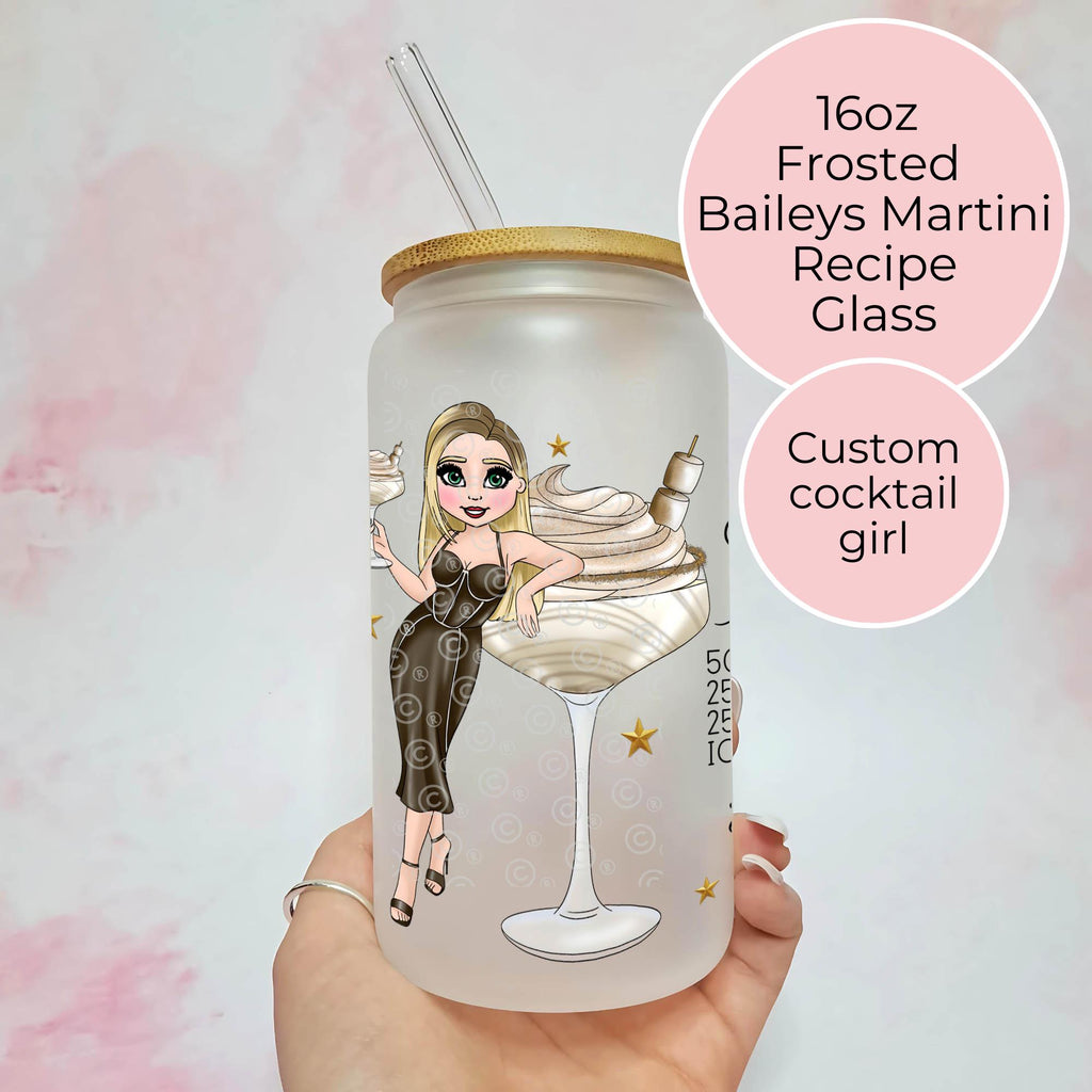 Personalised Baileys Martini Character Glass With Cocktail Recipe, New Years Eve Party Drinkware