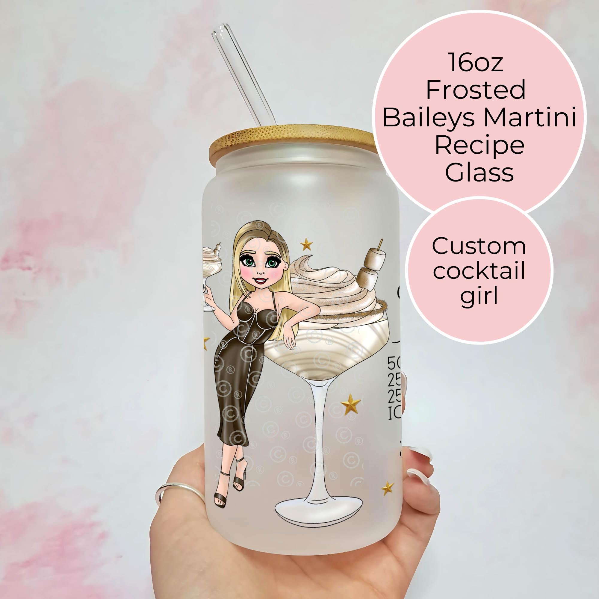 Personalised Baileys Martini Character Glass With Cocktail Recipe, New Years Eve Party Drinkware