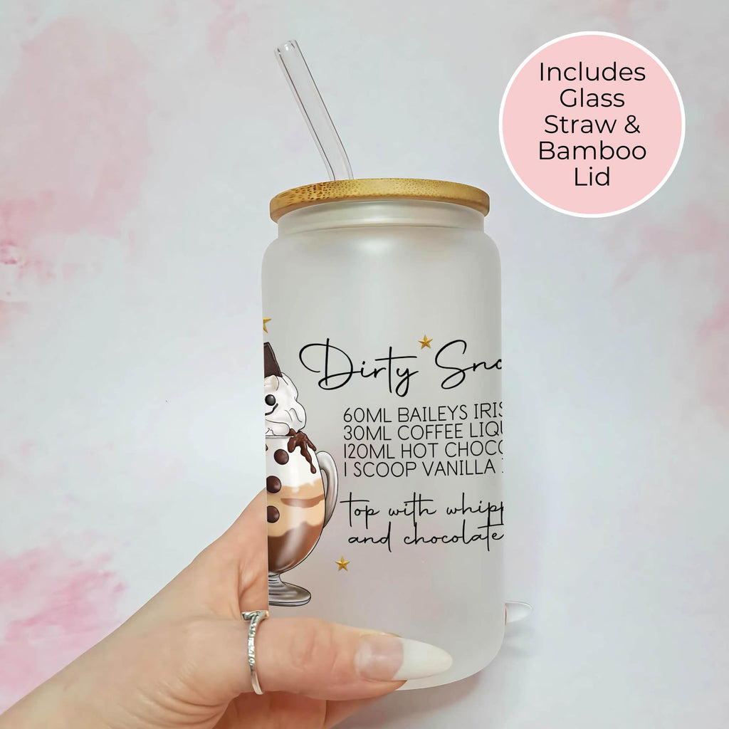Personalised Dirty Snowman Character Glass With Cocktail Recipe, Christmas Stocking Stuffer For Her