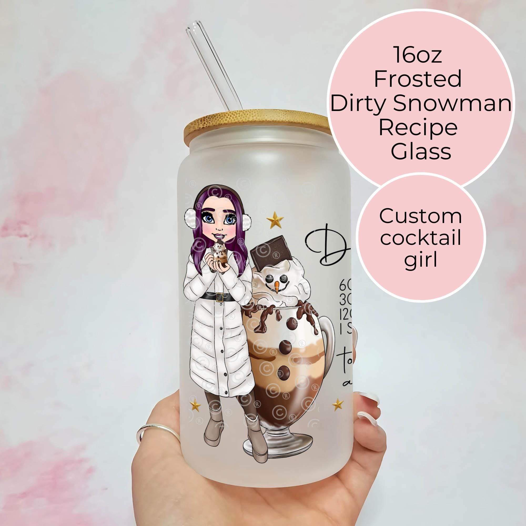 Personalised Dirty Snowman Character Glass With Cocktail Recipe, Christmas Stocking Stuffer For Her