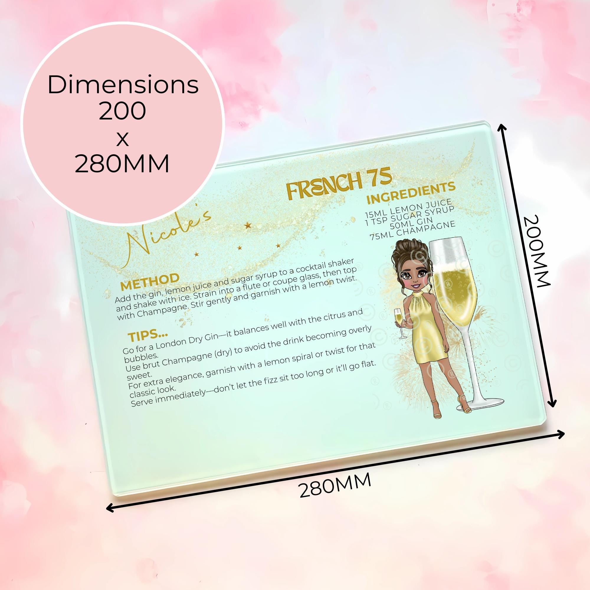 Personalised A4 French 75 Cocktail Cutting Board, Tempered Glass Chopping Board
