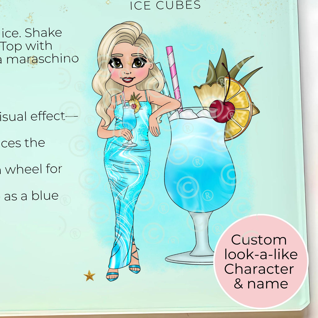 Personalised Blue Lagoon Cocktail Chopping Board, A4 Tempered Glass Worktop Saver
