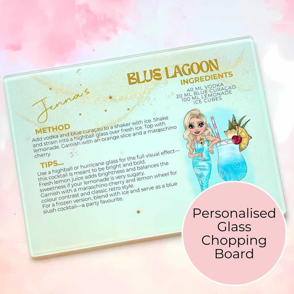 Personalised Blue Lagoon Cocktail Chopping Board, A4 Tempered Glass Worktop Saver