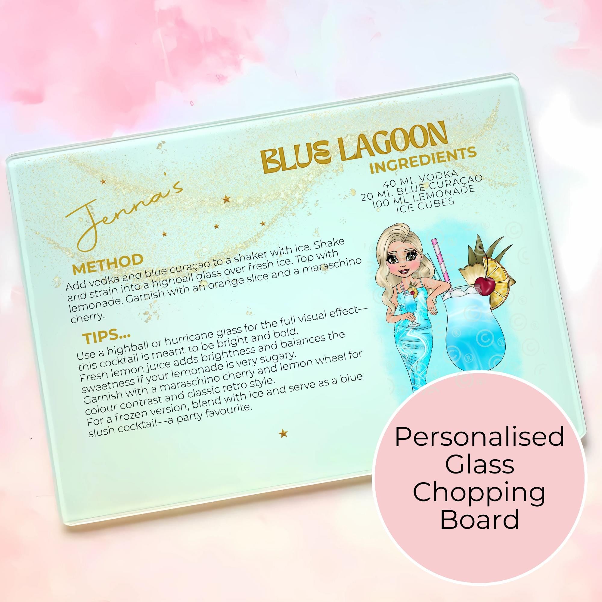 Personalised Blue Lagoon Cocktail Chopping Board, A4 Tempered Glass Worktop Saver