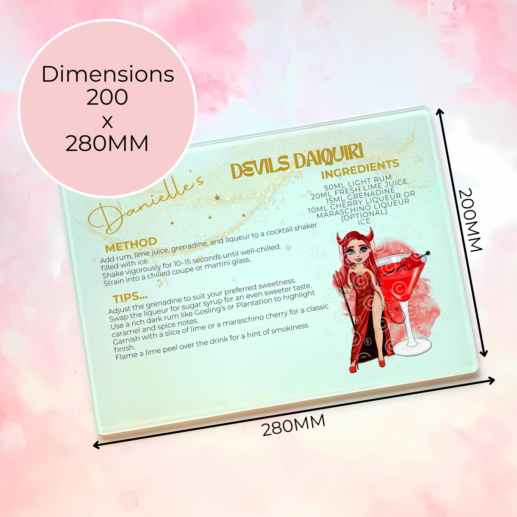 Personalised Devils Daiquiri Cocktail Chopping Board, A4 Tempered Glass Worktop Saver