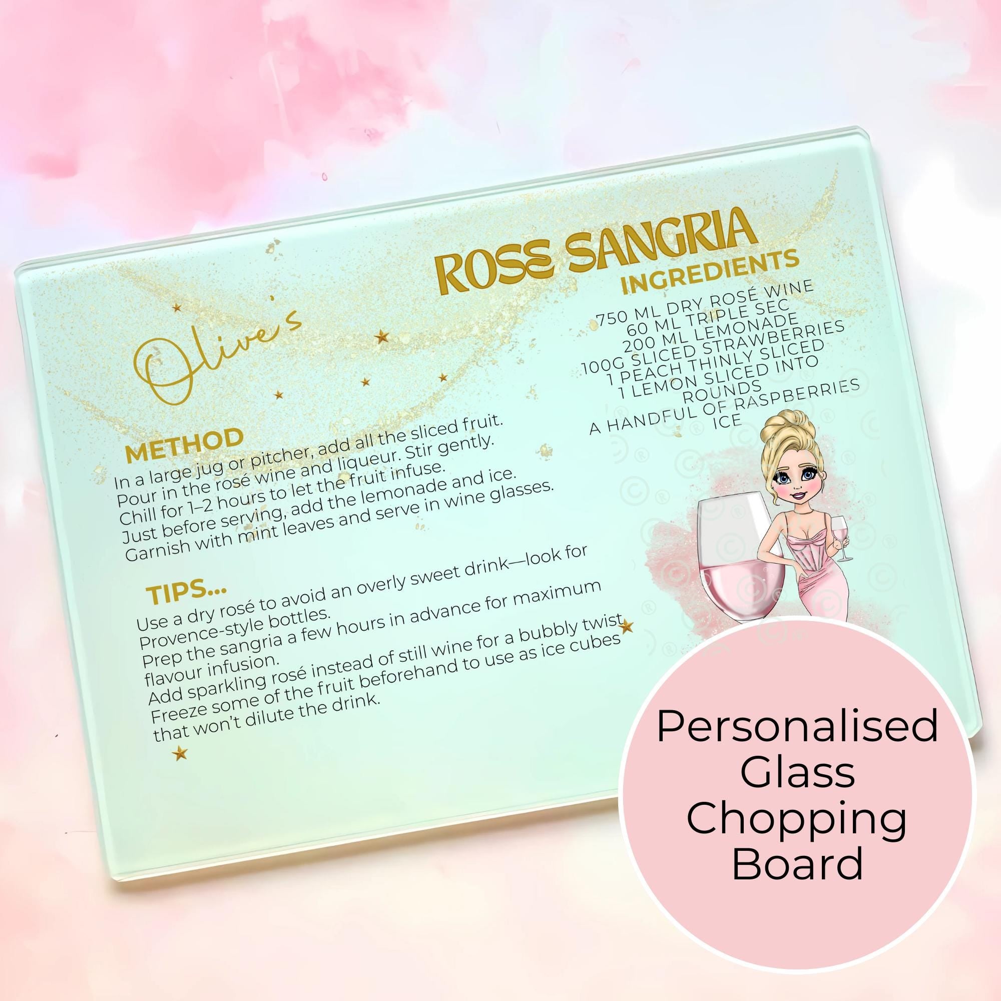 Personalised A4 Rose Sangria Cocktail Cutting Board, Tempered Glass Chopping Board