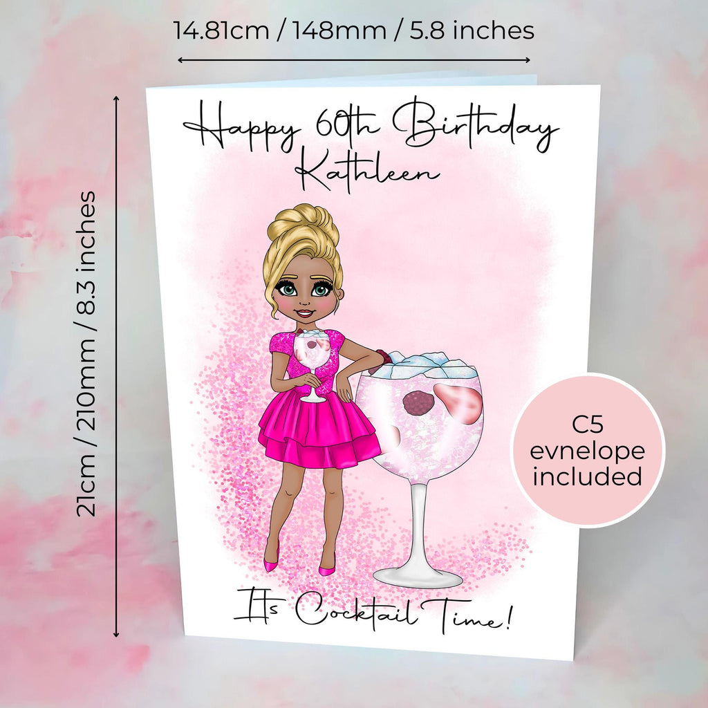 Personalised Pink Gin Birthday Card, A5 Greeting Card For Mum Sister