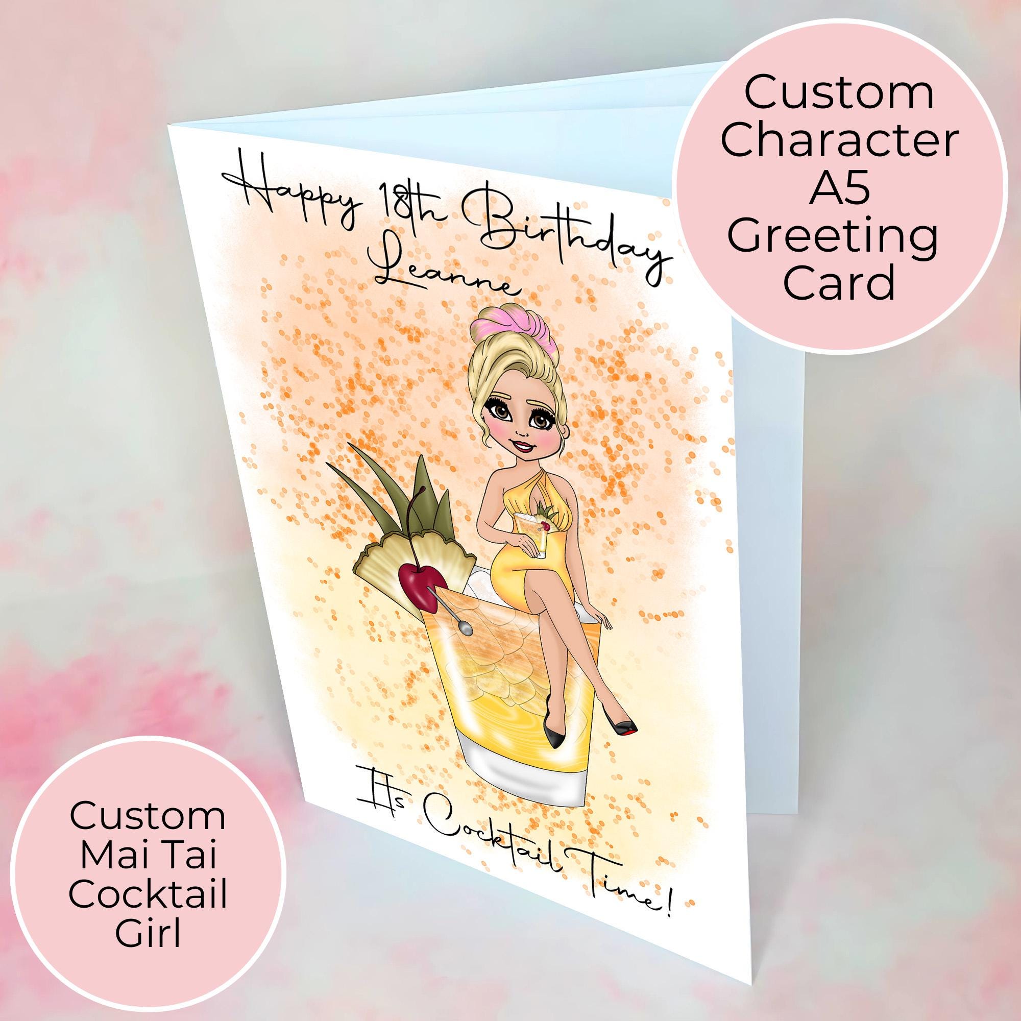 Personalised Mai Tai Birthday Card, Custom Character A5 Cocktail Card