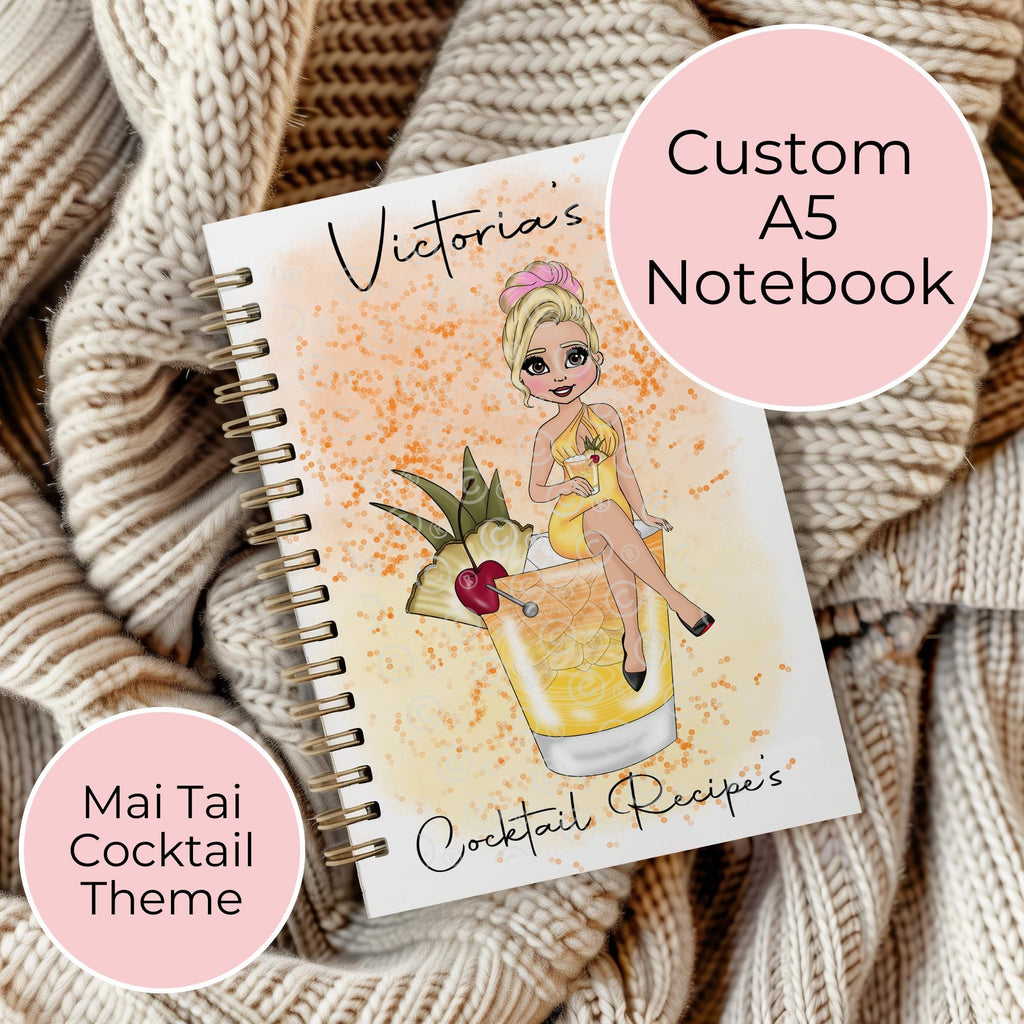 Personalised Mai Tai Cocktail Character A5 Spiral Notebook, Birthday Gift For Her