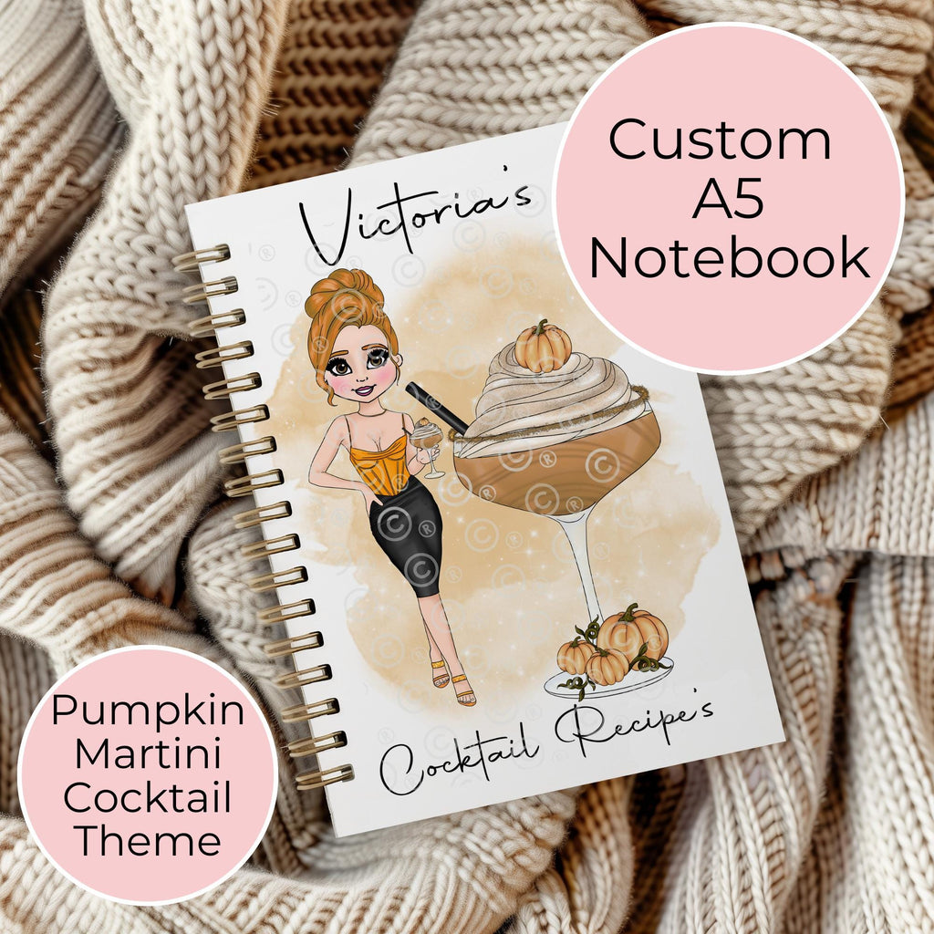 Personalised A5 Pumpkin Martini Cocktail Notebook With Custom Character, Autumn / Fall Gift For Teacher