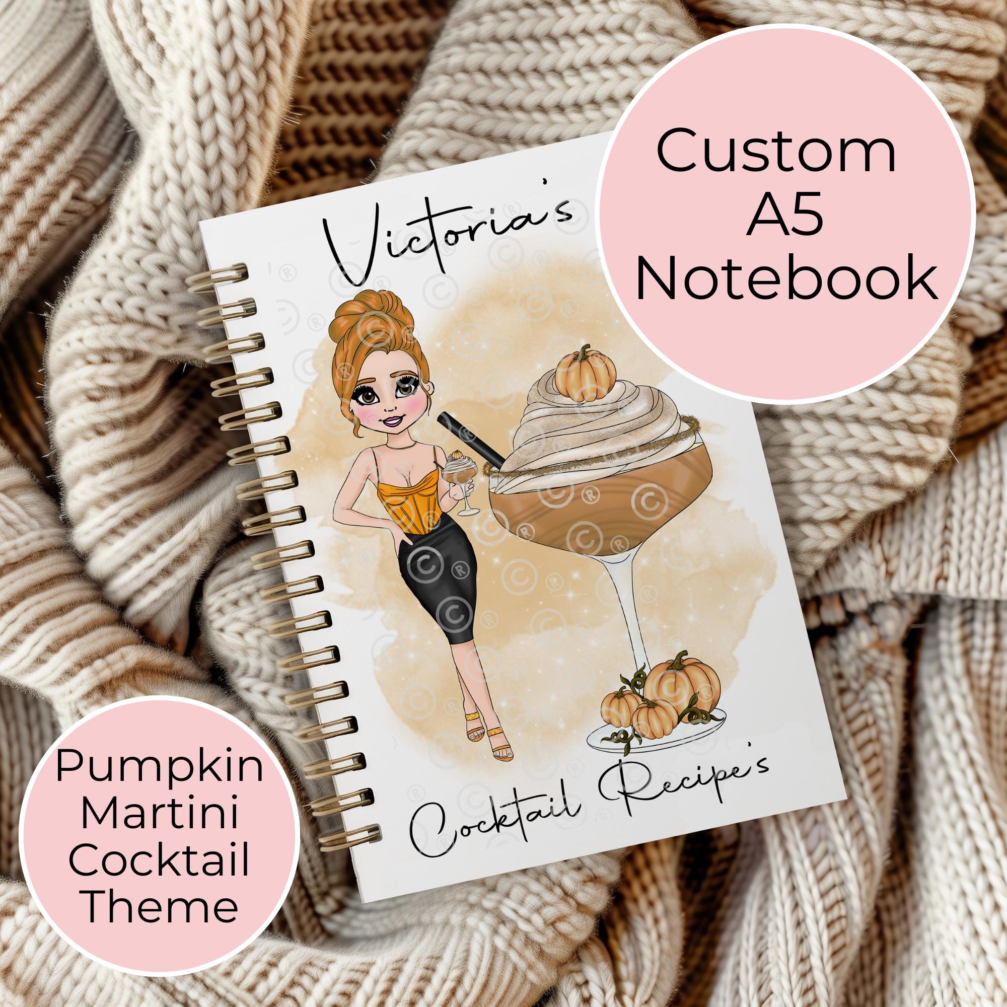 Personalised A5 Pumpkin Martini Cocktail Notebook With Custom Character, Autumn / Fall Gift For Teacher