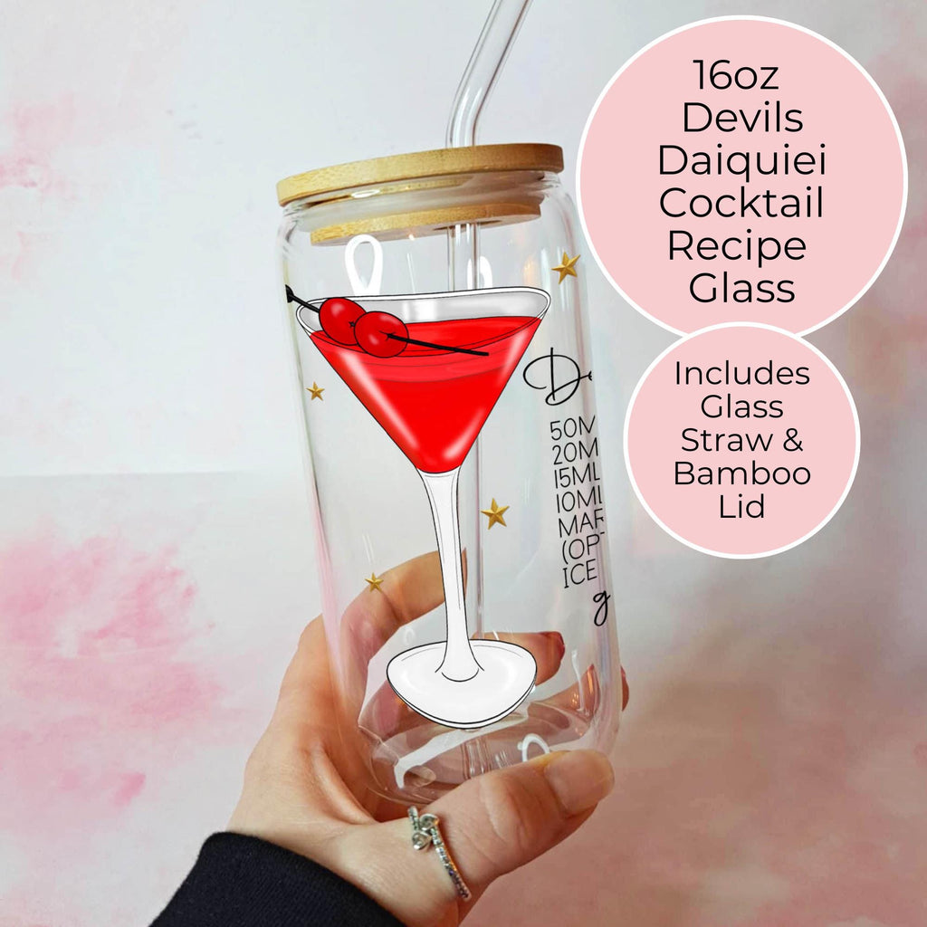 16oz Devils Daiquiri Cocktail Recipe Glass with Bamboo Lid & Straw