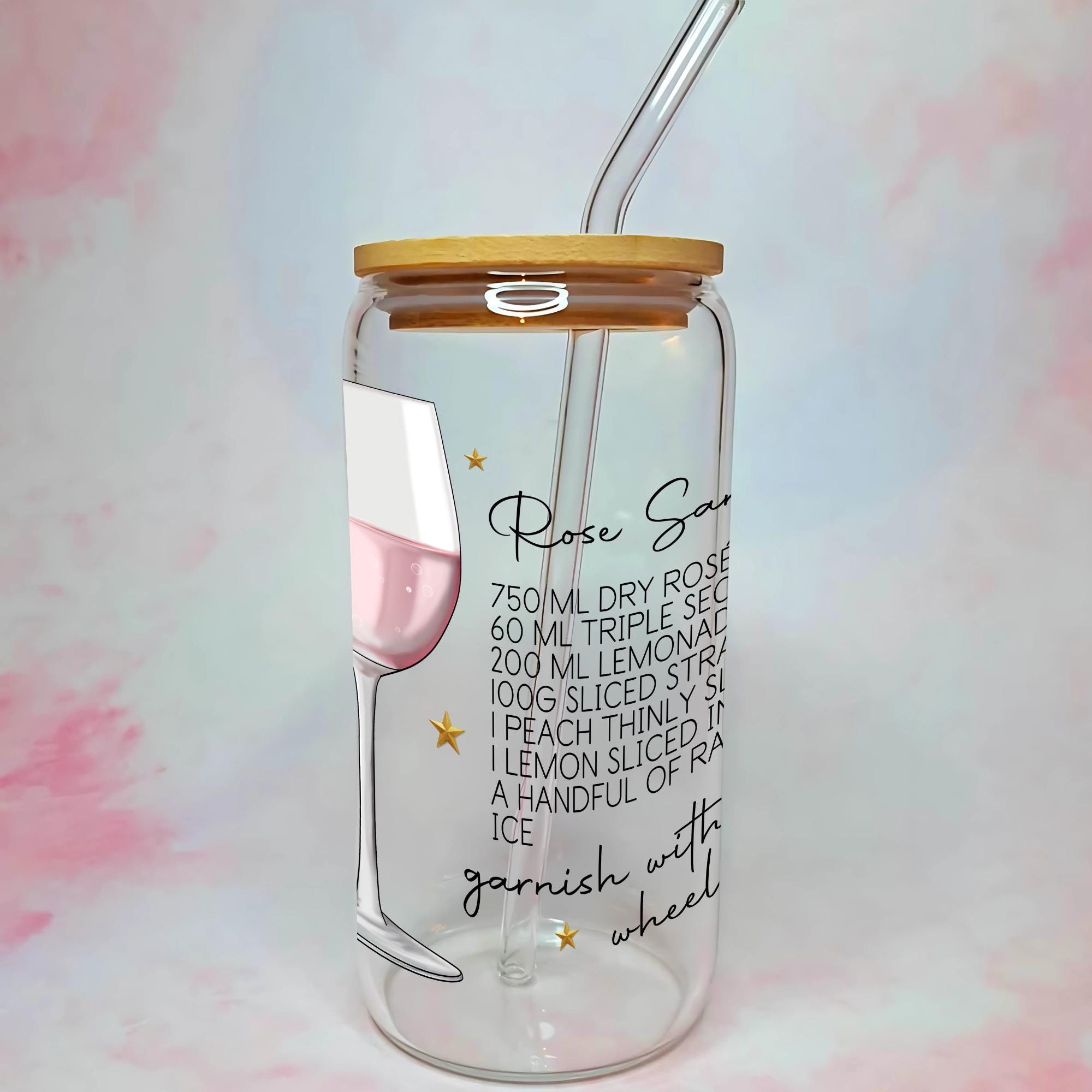16oz Rose Sangria Cocktail Recipe Glass with Bamboo Lid & Straw