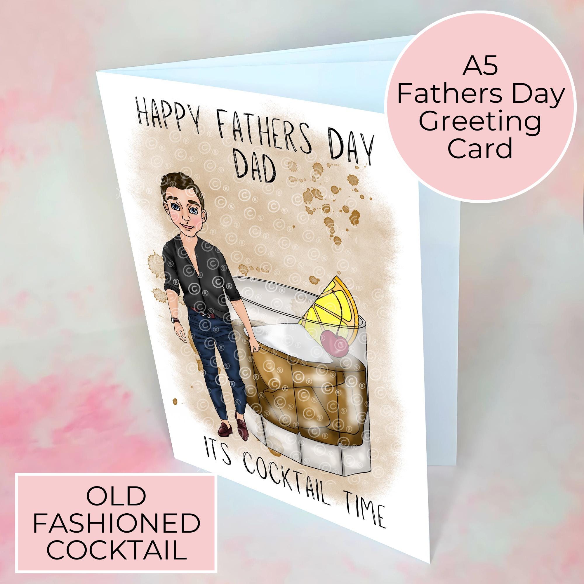 Personalised Old Fashioned Whiskey Father's Day Card, Custom Character Dad Greeting Card