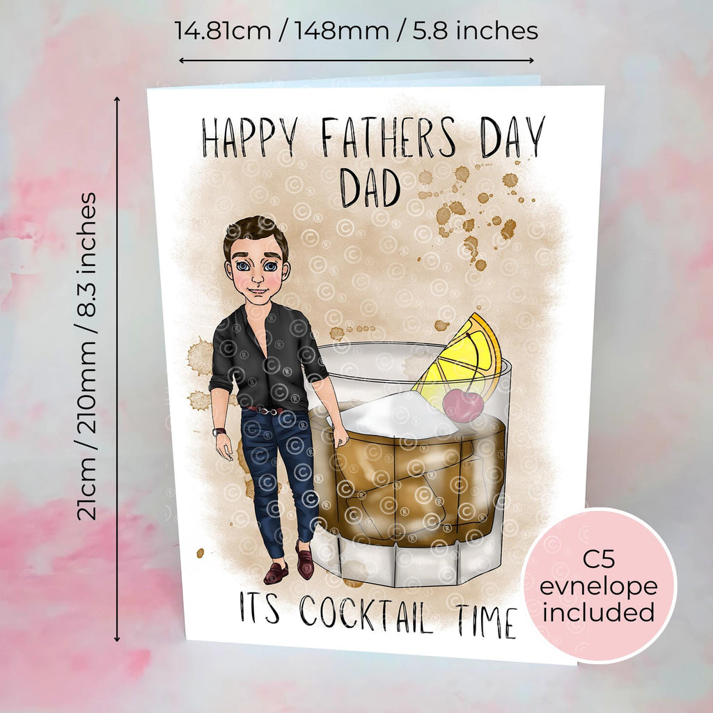 Personalised Old Fashioned Whiskey Father's Day Card, Custom Character Dad Greeting Card