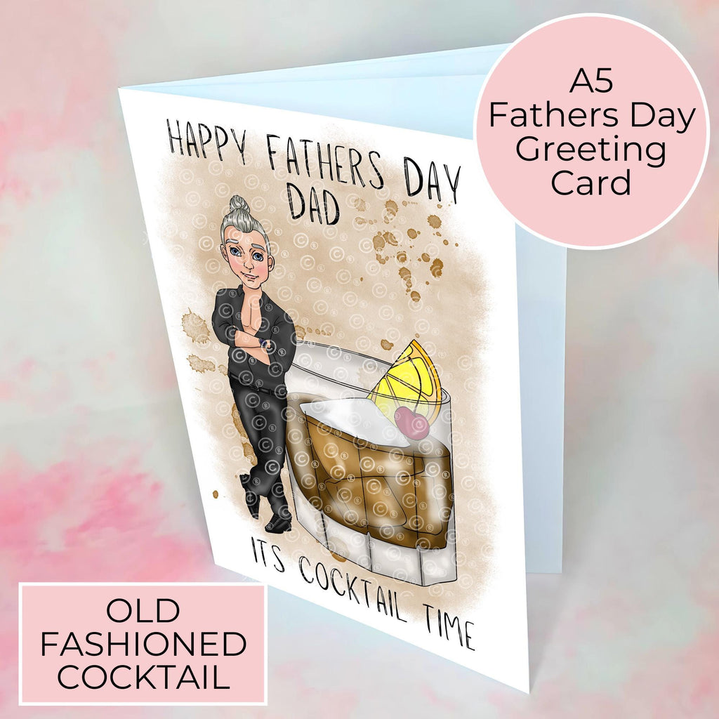 Personalised Old Fashioned Whiskey Father's Day Card, Custom Character Dad Greeting Card