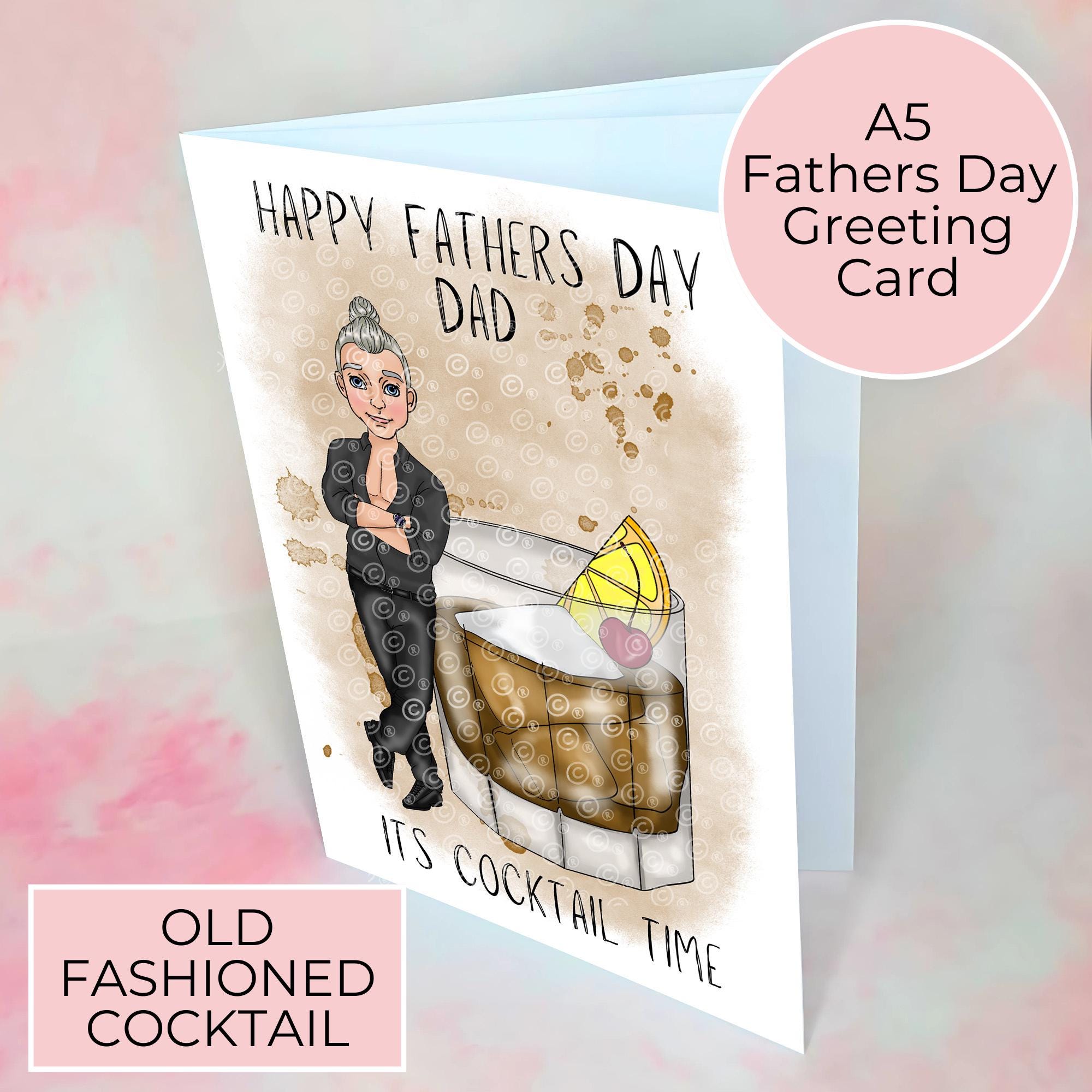 Personalised Old Fashioned Whiskey Father's Day Card, Custom Character Dad Greeting Card