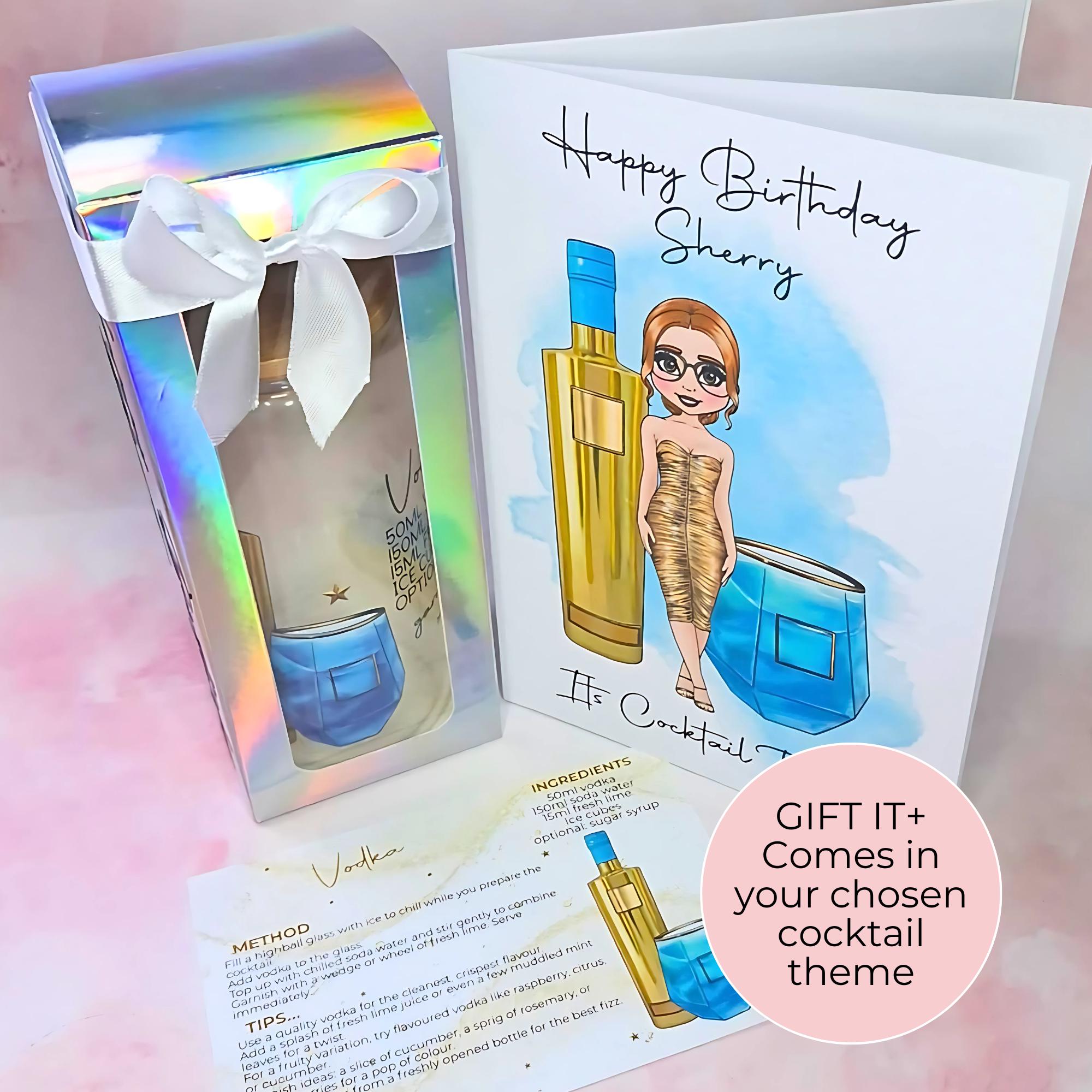 Personalised Vodka Girl Character Glass With Cocktail Recipe, Best Friend Milestone Birthday Gift