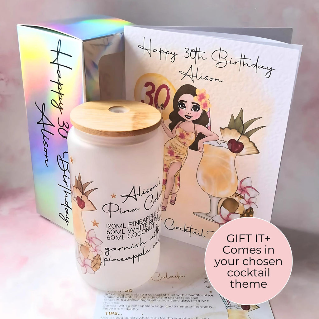 Personalised Pina Colada Character Glass With Cocktail Recipe, Gift For Best Girl Friend