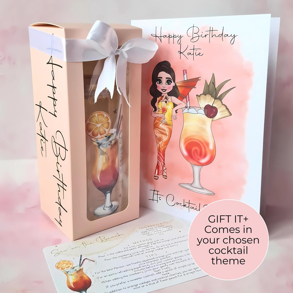 Personalised Sex on the Beach Character Glass With Cocktail Recipe, Summer Soiree Party Drinkware