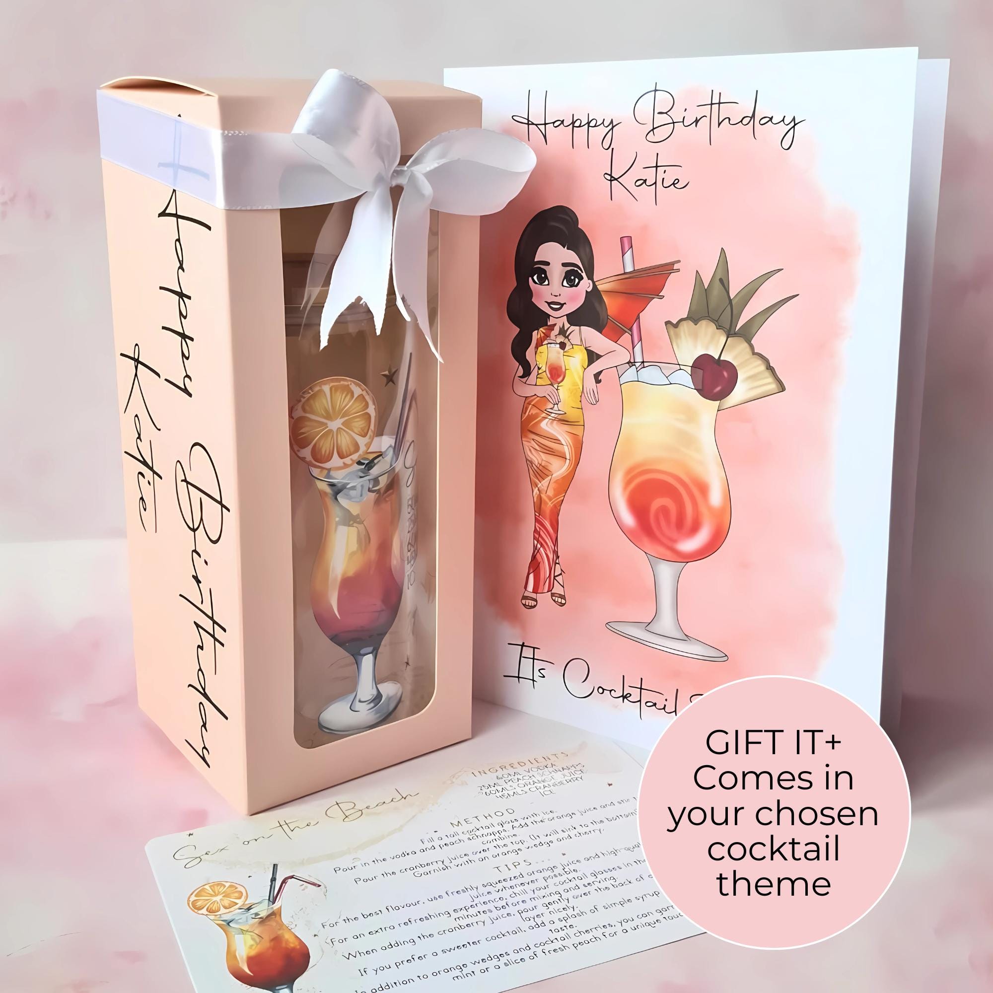 Personalised Sex on the Beach Character Glass With Cocktail Recipe, Summer Soiree Party Drinkware