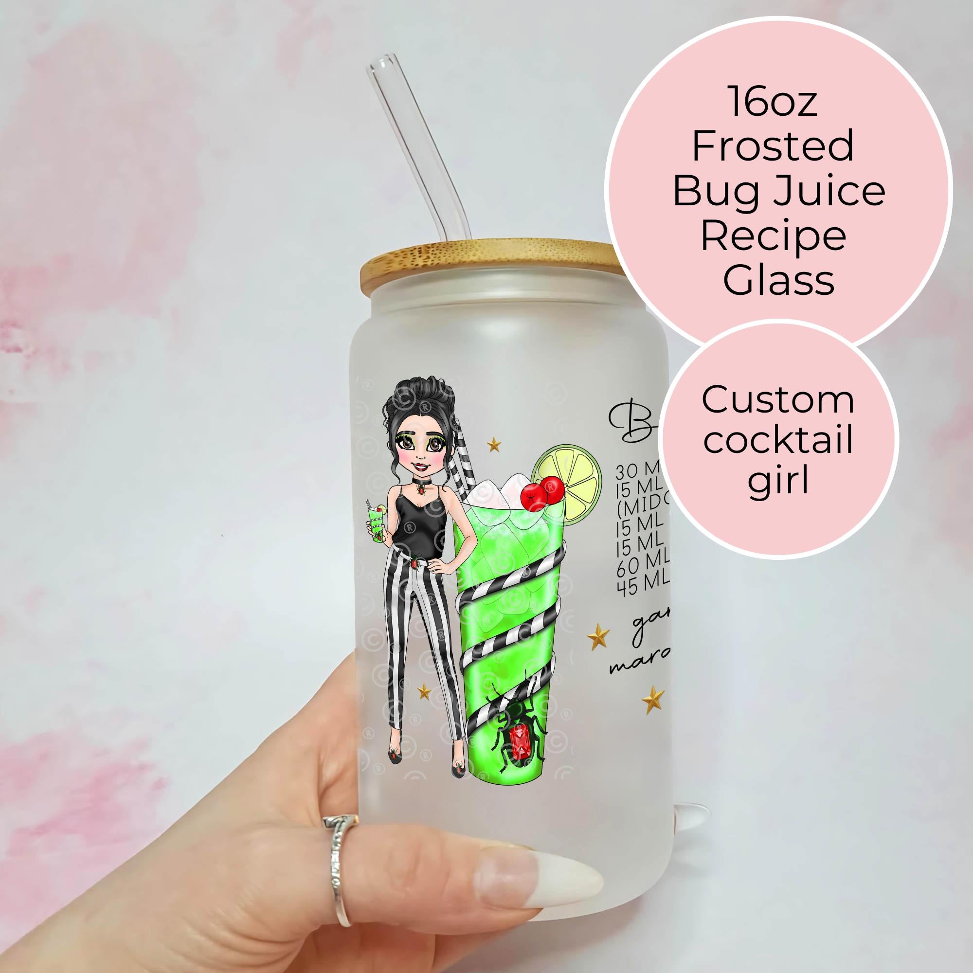 Personalised Bug Juice Character Glass With Cocktail Recipe, Halloween Party Cocktail Drinkware