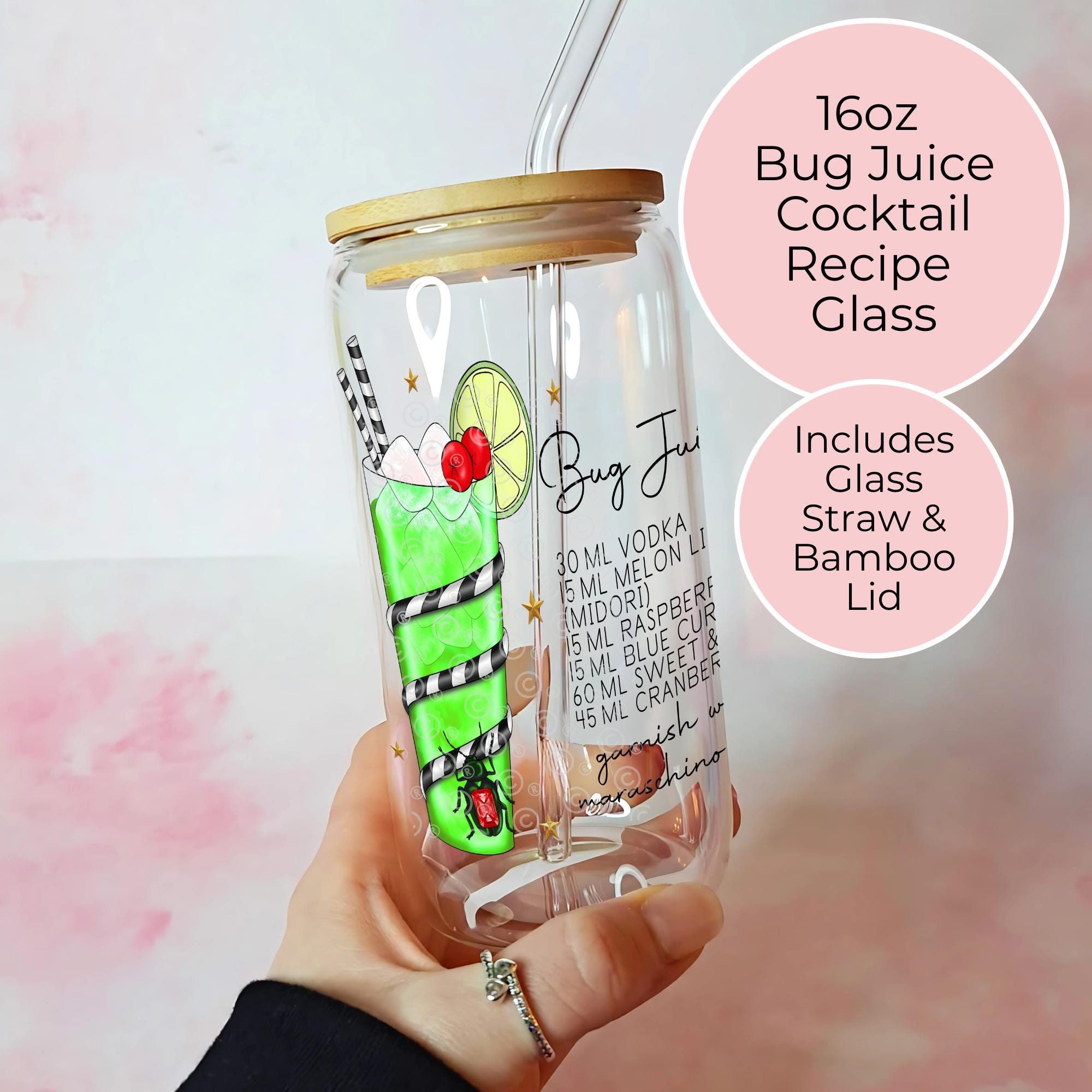 16oz Bug Juice Recipe Glass with Bamboo Lid & Straw