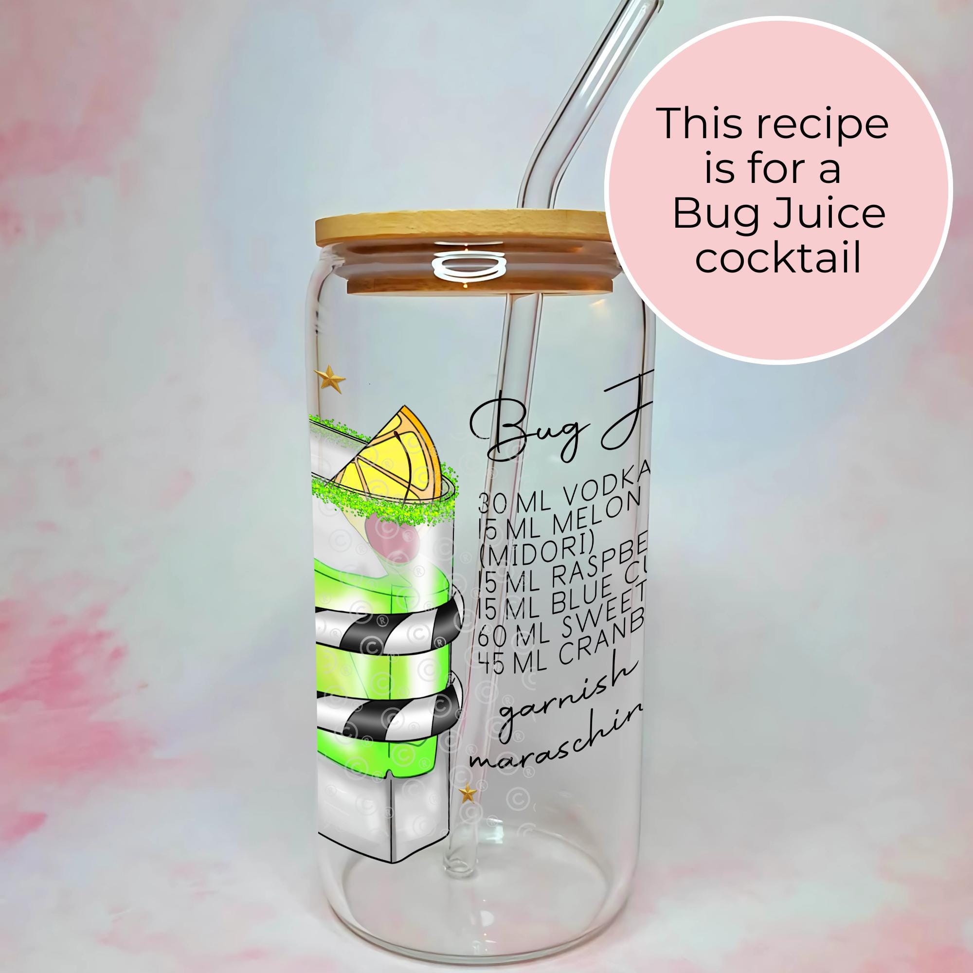 16oz Bug Juice Cocktail Recipe Glass with Bamboo Lid & Straw