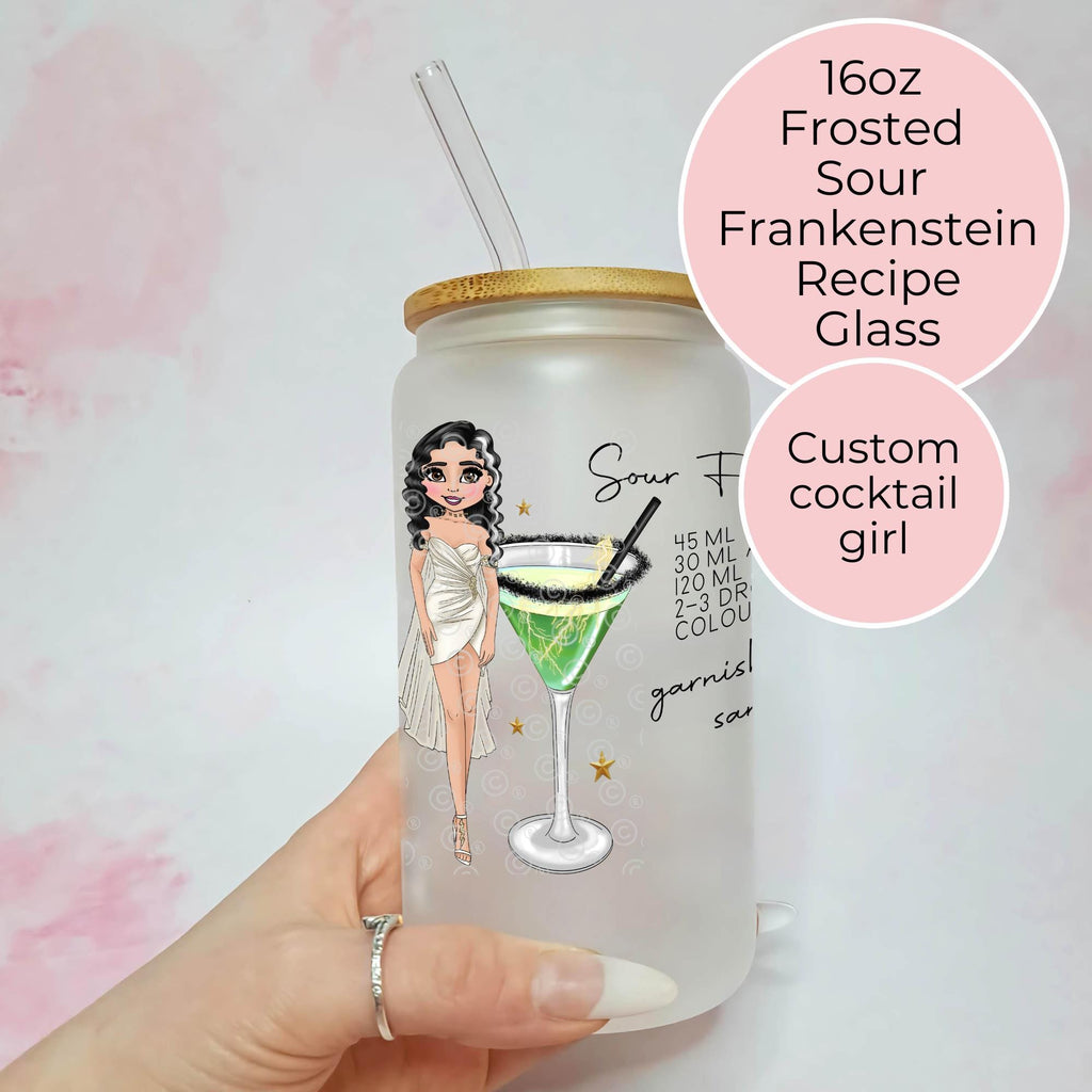 Personalised Sour Frankenstein Character Glass With Cocktail Recipe, Halloween party Decor