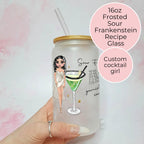 Personalised Sour Frankenstein Character Glass With Cocktail Recipe, Halloween party Decor