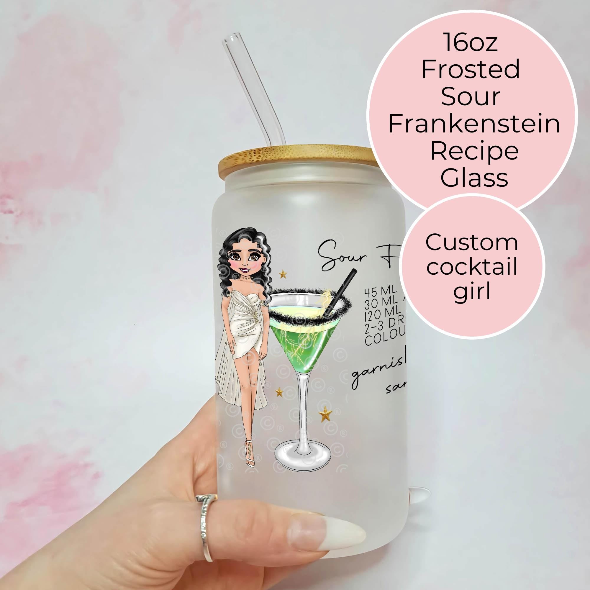 Personalised Sour Frankenstein Character Glass With Cocktail Recipe, Halloween party Decor