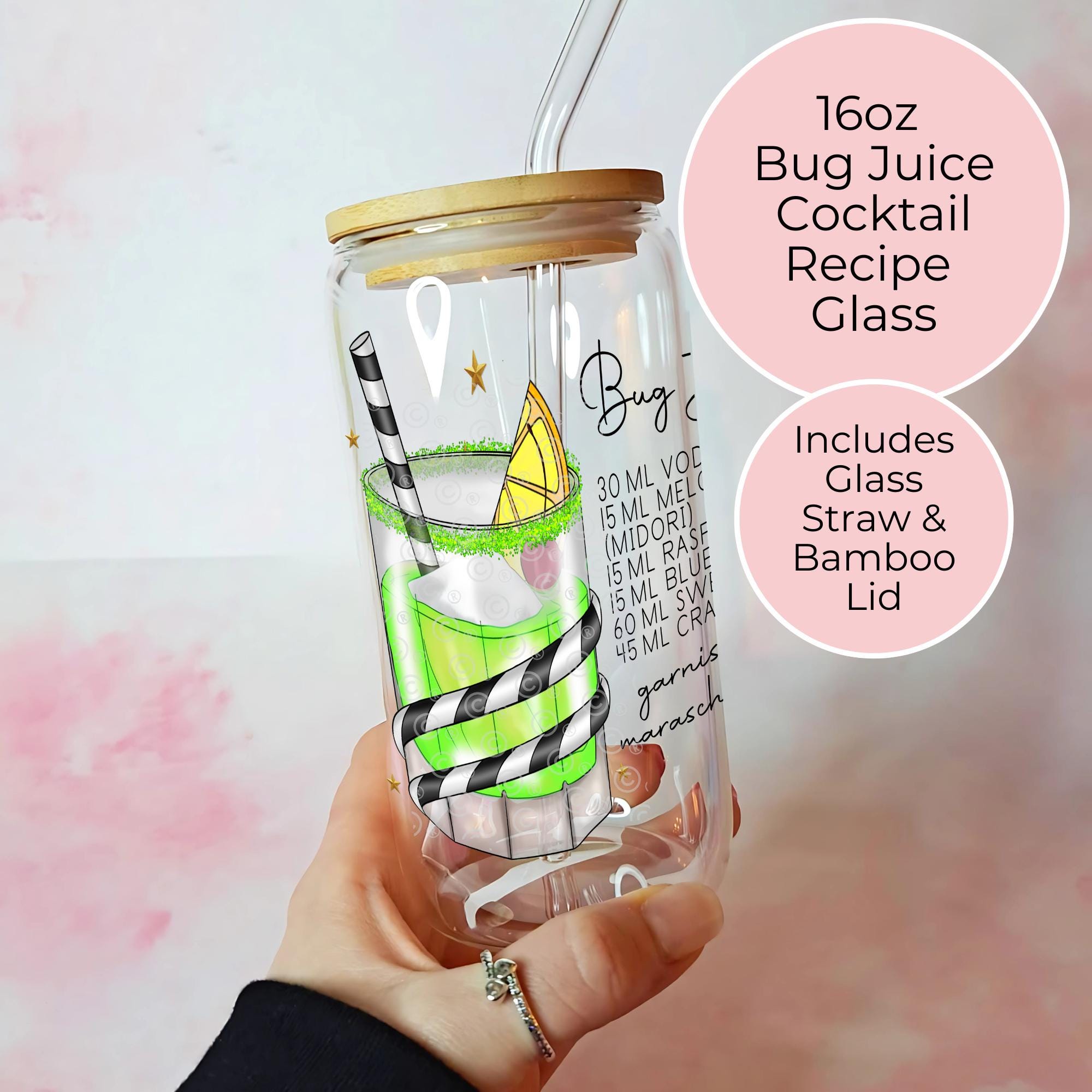 16oz Bug Juice Cocktail Recipe Glass with Bamboo Lid & Straw