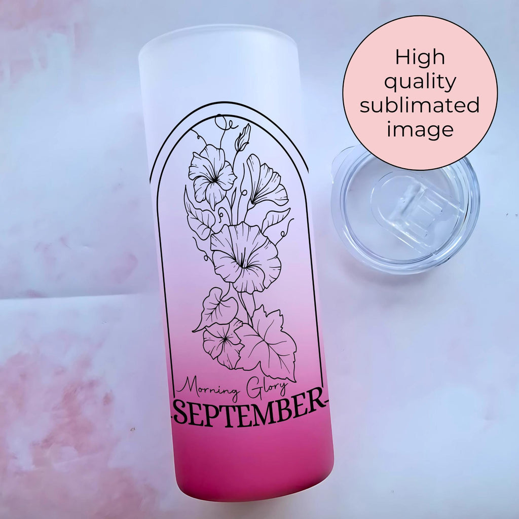 October Birth Flower Ombre Glass Tumbler, Morning Glory Line Art Gift For Her Birthday