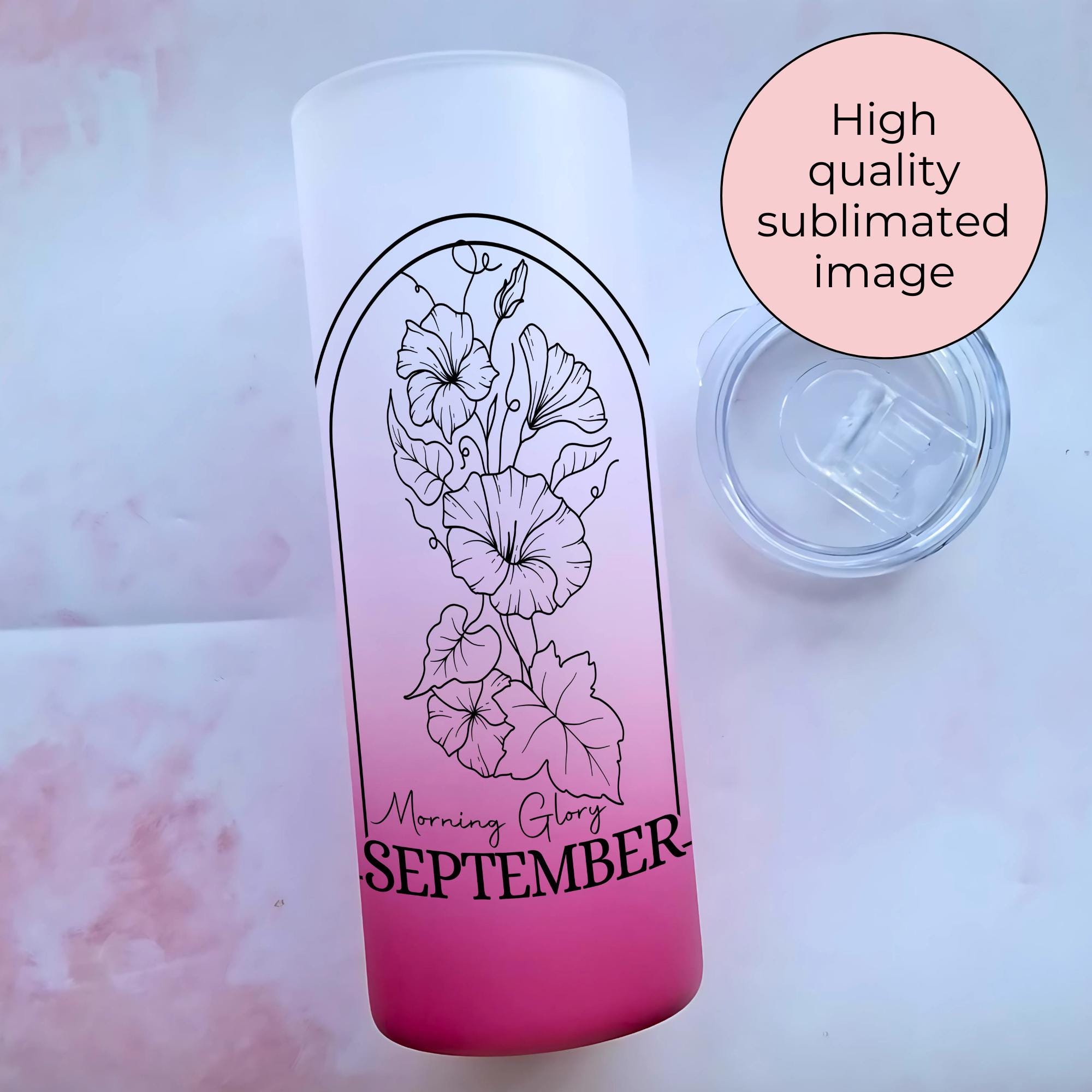 October Birth Flower Ombre Glass Tumbler, Morning Glory Line Art Gift For Her Birthday