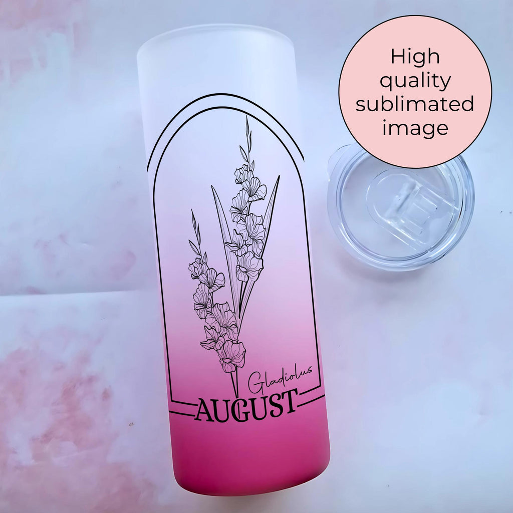 August Birth Flower Ombre Tumbler Gift, Gladiolus Line Art 20oz Glass Tumbler For Her Birthday Gift