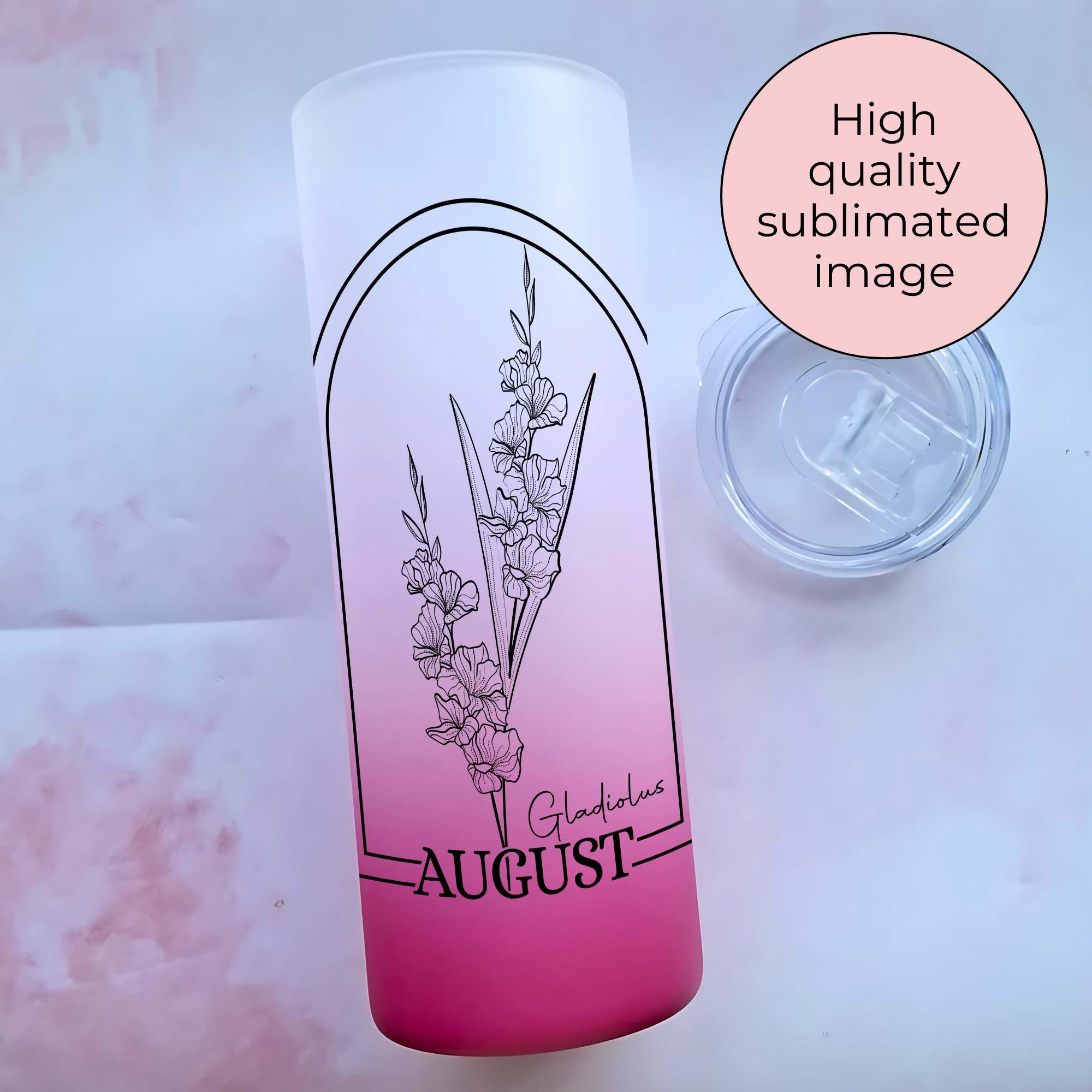 August Birth Flower Ombre Tumbler Gift, Gladiolus Line Art 20oz Glass Tumbler For Her Birthday Gift