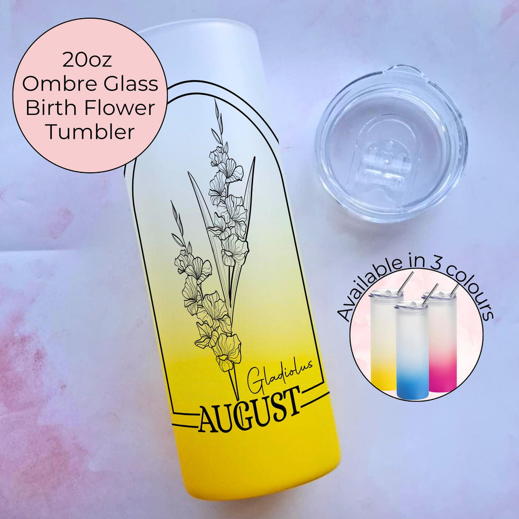 August Birth Flower Ombre Tumbler Gift, Gladiolus Line Art 20oz Glass Tumbler For Her Birthday Gift