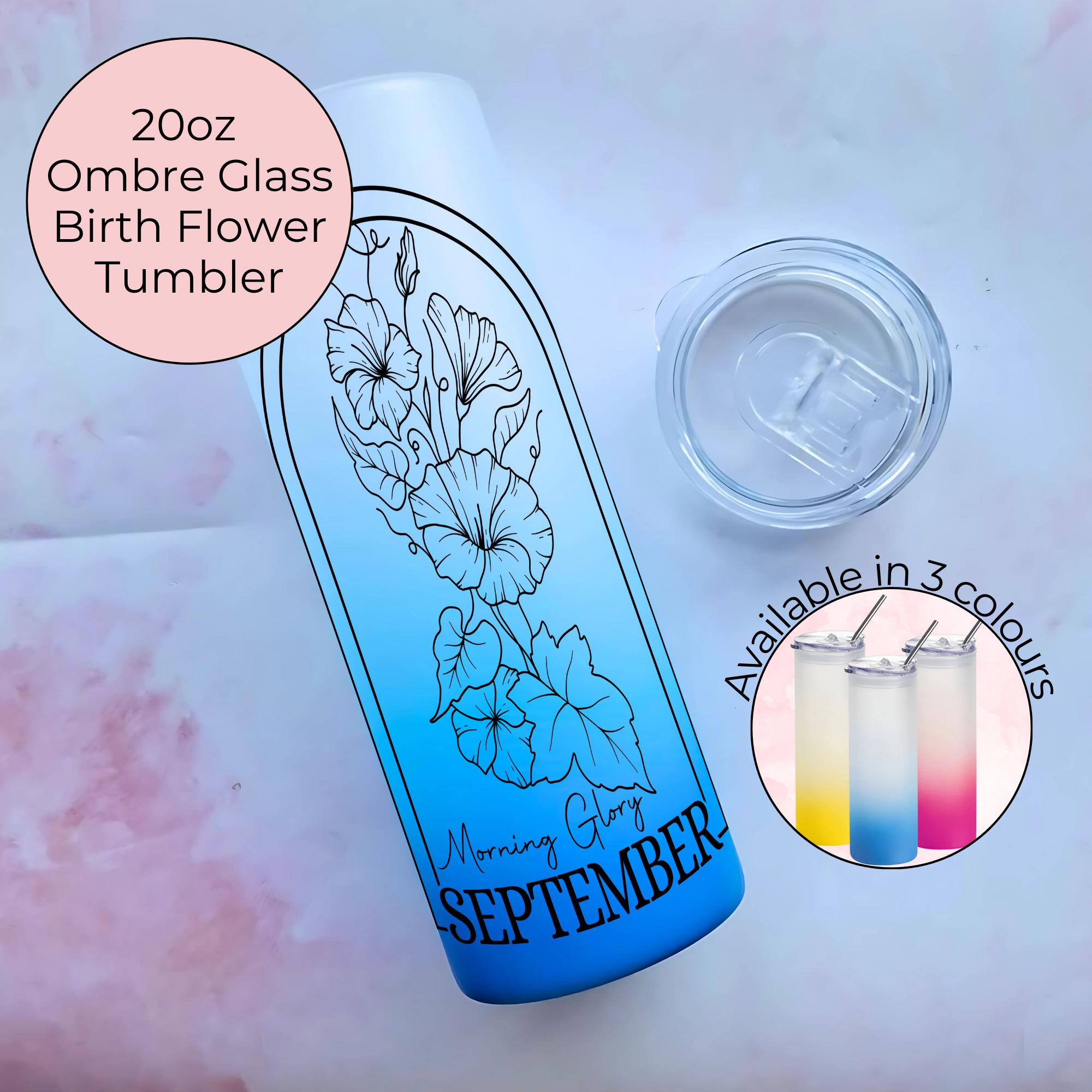 October Birth Flower Ombre Glass Tumbler, Morning Glory Line Art Gift For Her Birthday