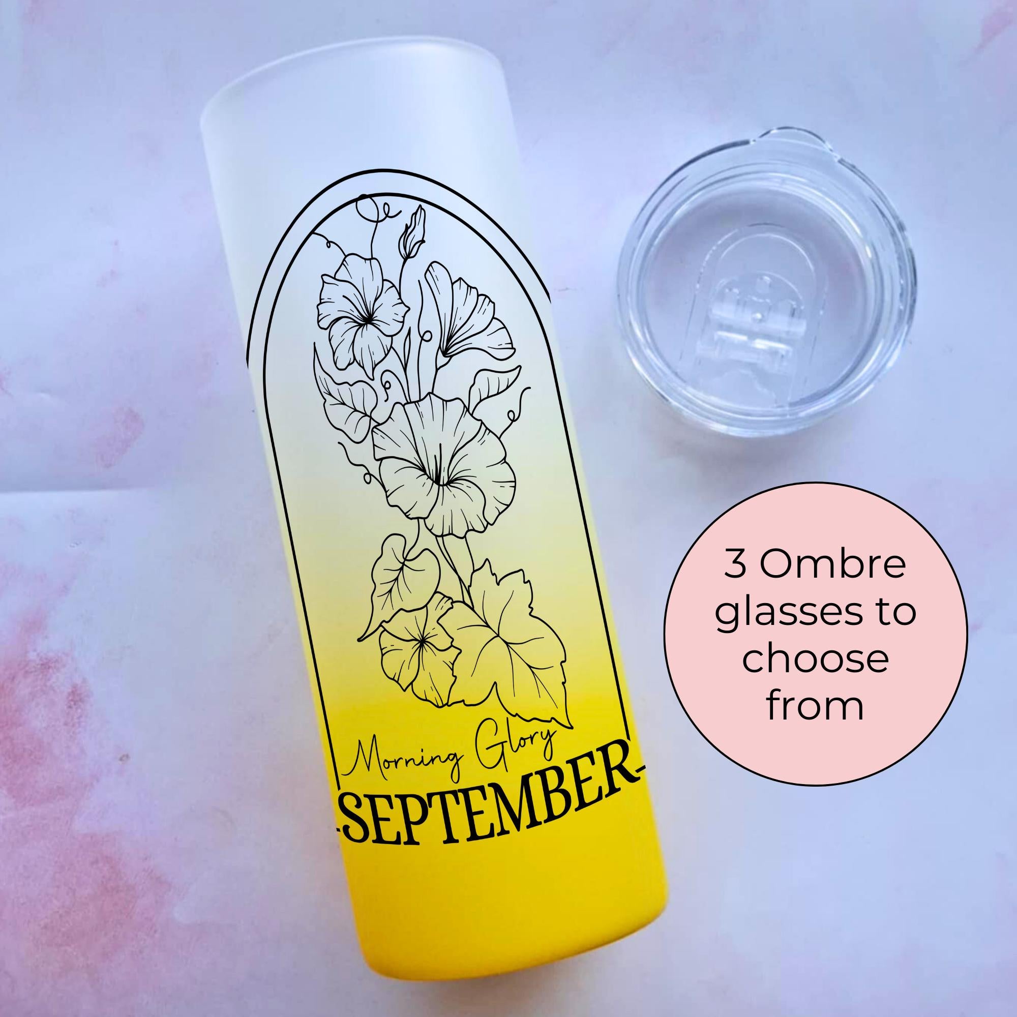 October Birth Flower Ombre Glass Tumbler, Morning Glory Line Art Gift For Her Birthday