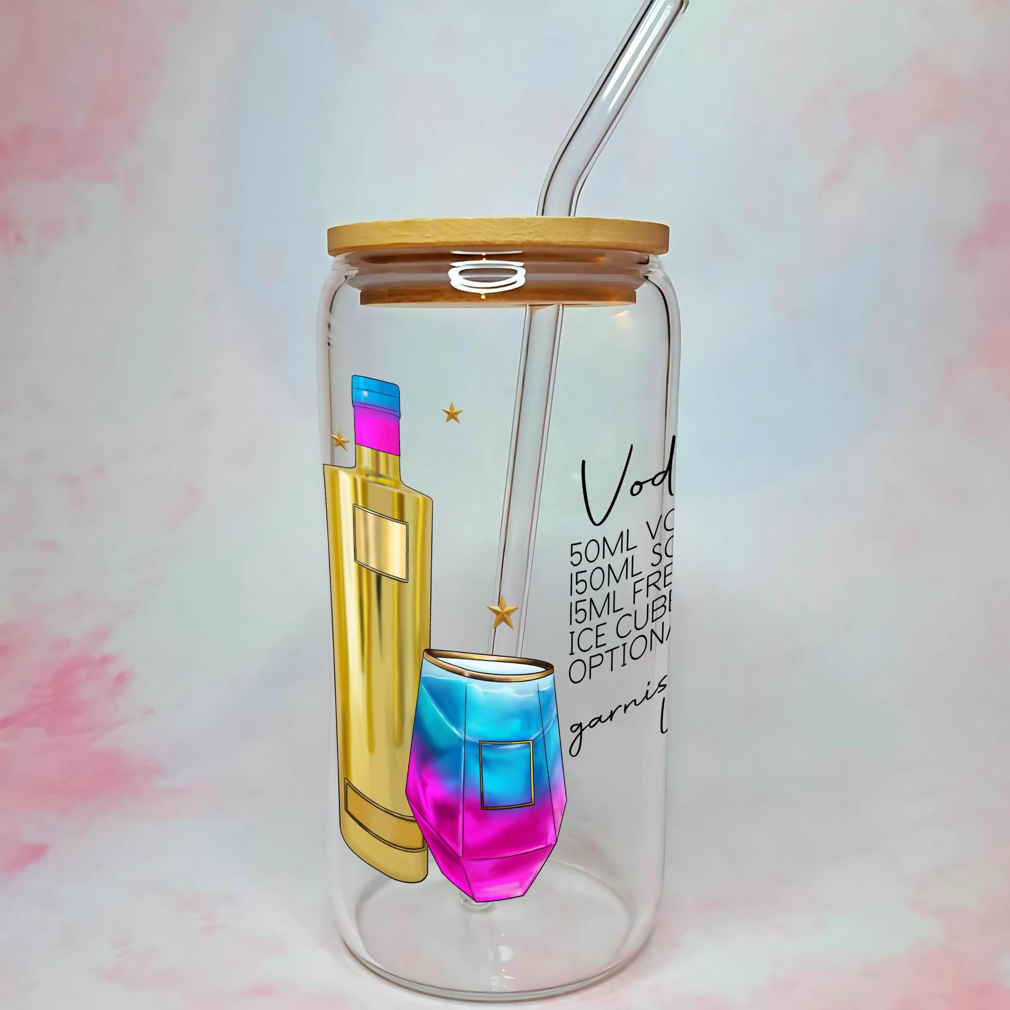 16oz Vodka Girl Cocktail Recipe Glass with Bamboo Lid & Straw